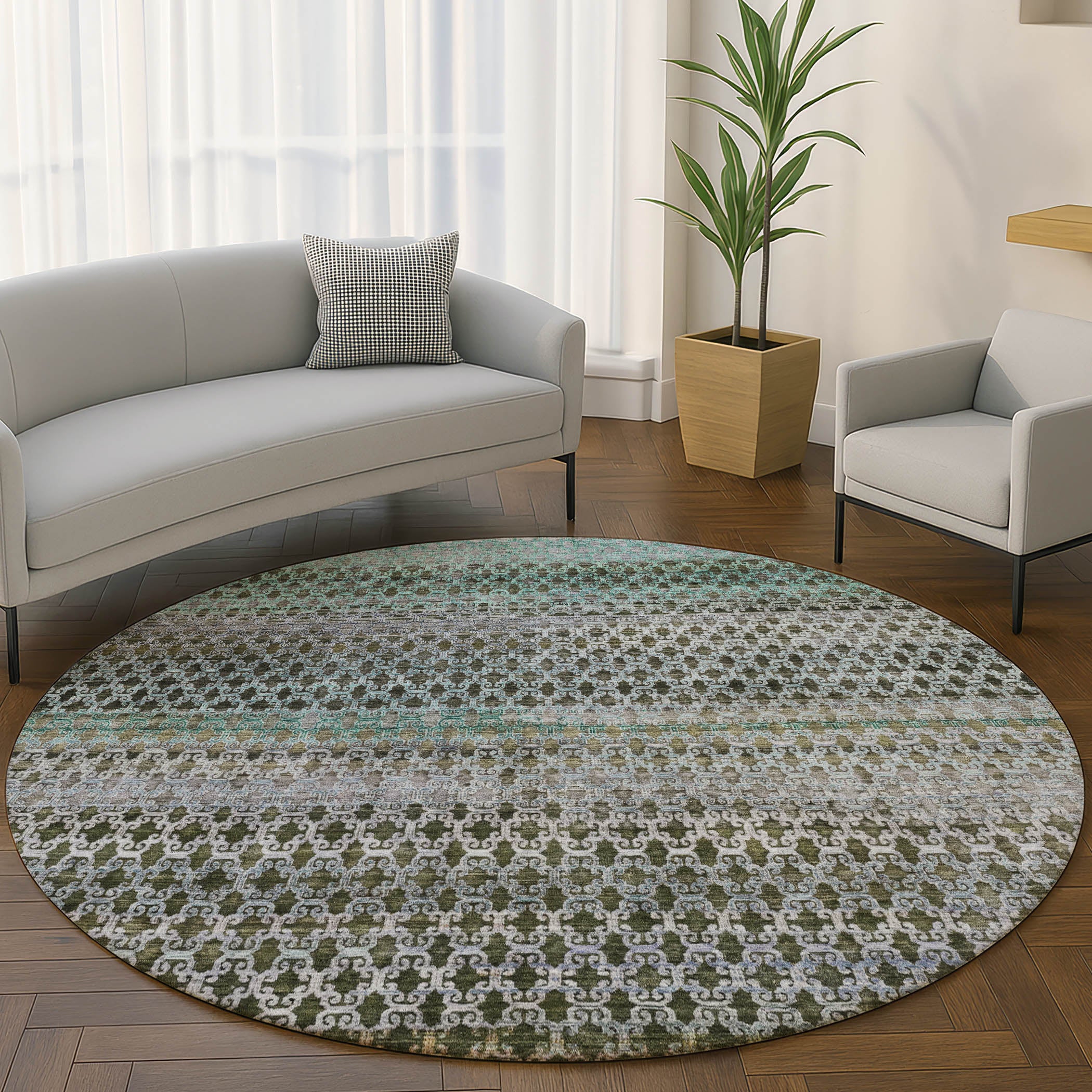 Bangkok Machine Washable Transitional Green Rug 8' x 8' #shape_Round