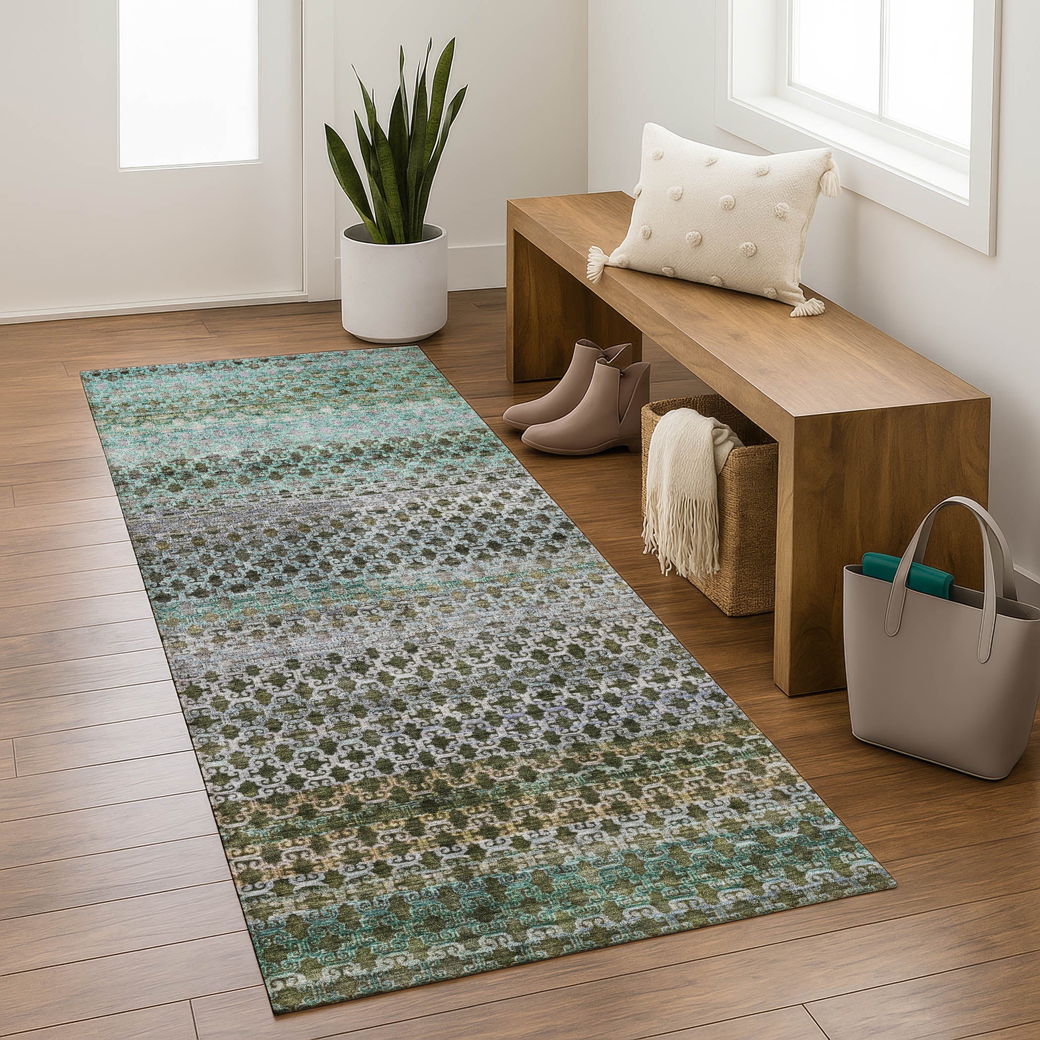 Bangkok Machine Washable Transitional Green Rug 2'3" x 7'6" #shape_Runner