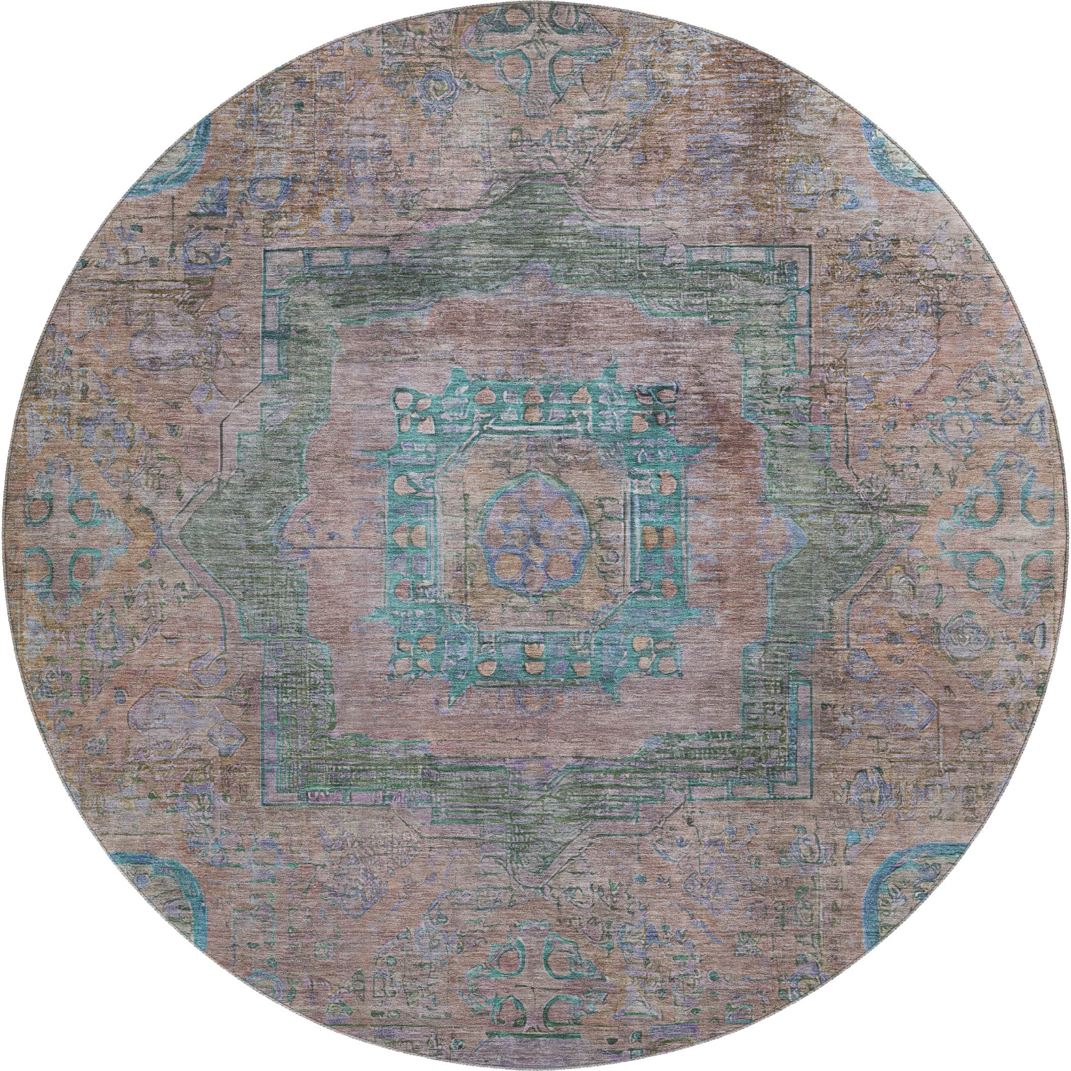 Rome Machine Washable Traditional Copper Orange Rug 8' x 8' #shape_Round