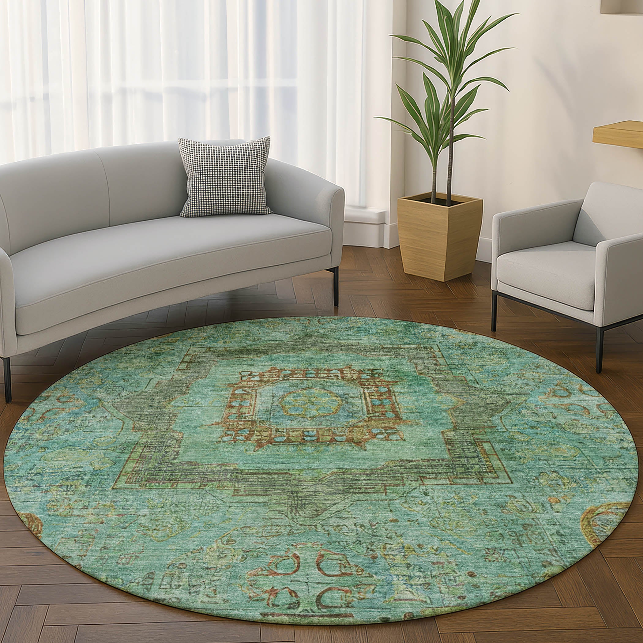 Rome Machine Washable Traditional Green Rug 8' x 8' #shape_Round