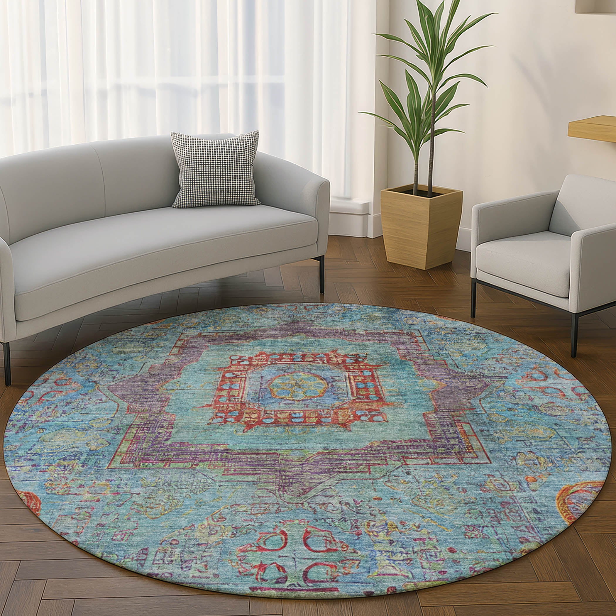 Rome Machine Washable Traditional Teal Rug 8' x 8' #shape_Round