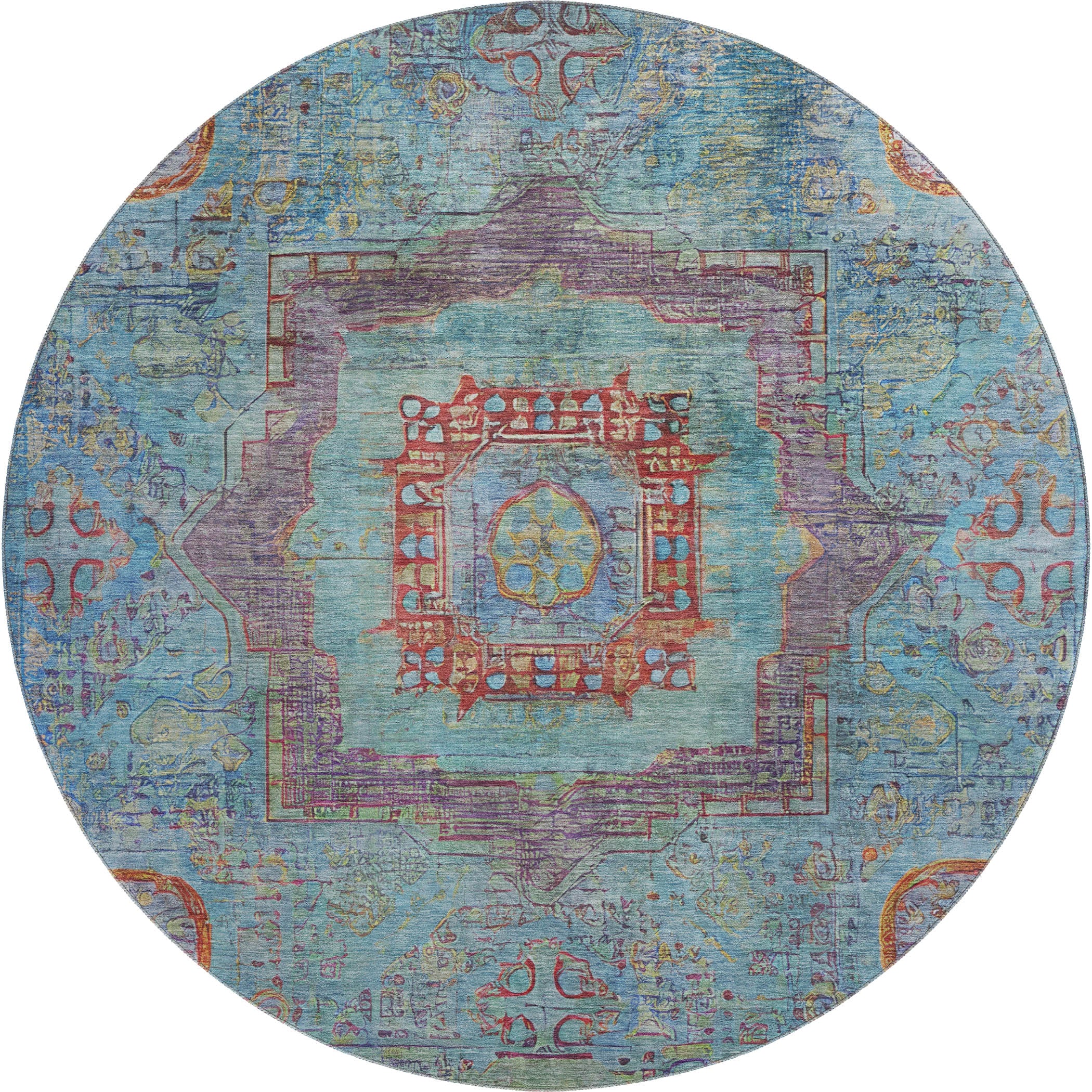 Rome Machine Washable Traditional Teal Rug 8' x 8' #shape_Round