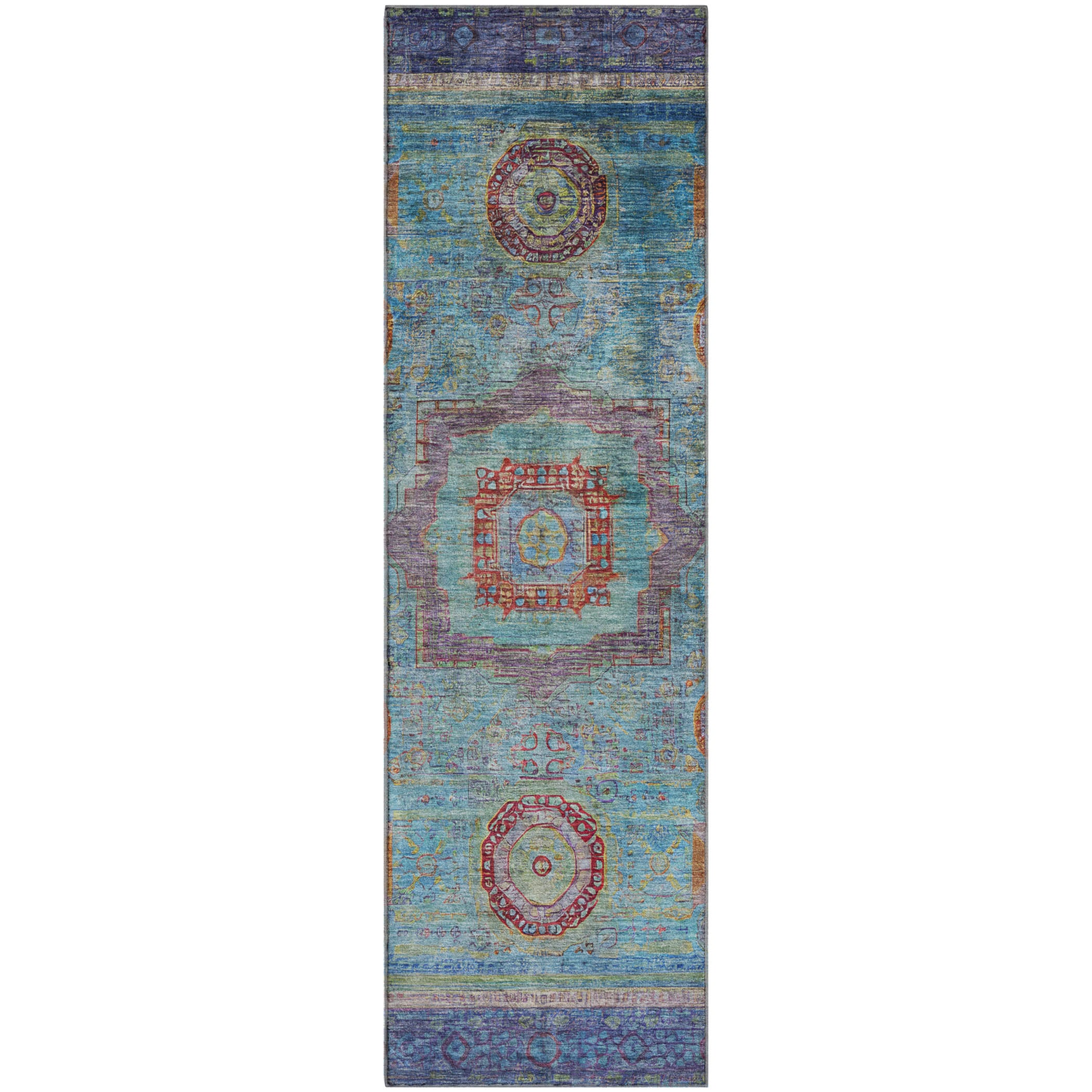 Rome Machine Washable Traditional Teal Rug 2'3" x 7'6" #shape_Runner