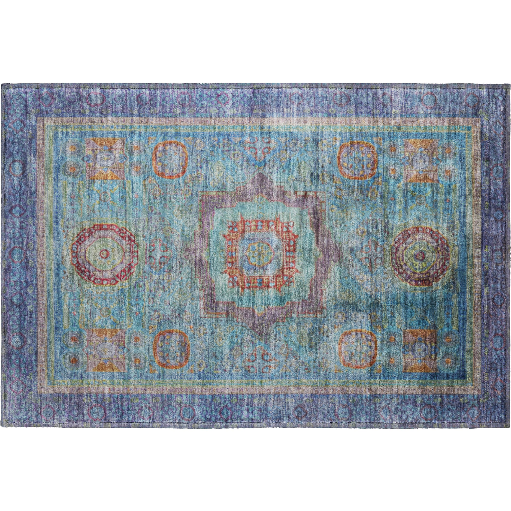 Rome Machine Washable Traditional Teal Rug 1'8" x 2'6" #shape_Rectangle