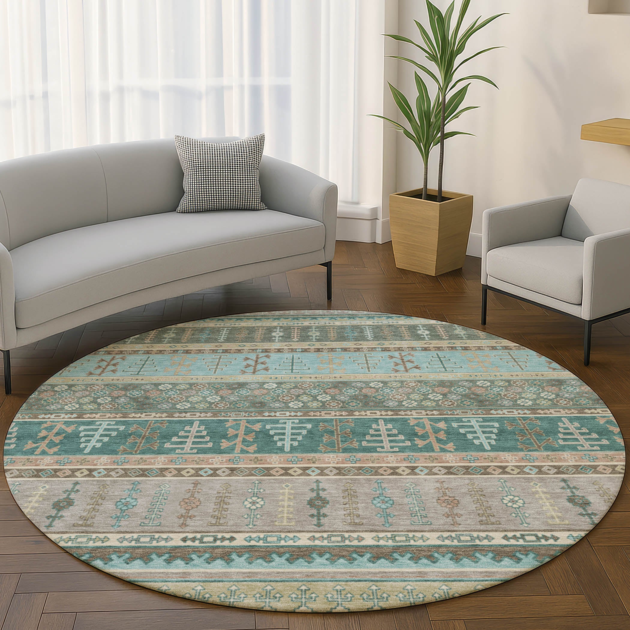 Luang Prabang Machine Washable Transitional Aloe Green Rug 8' x 8' #shape_Round