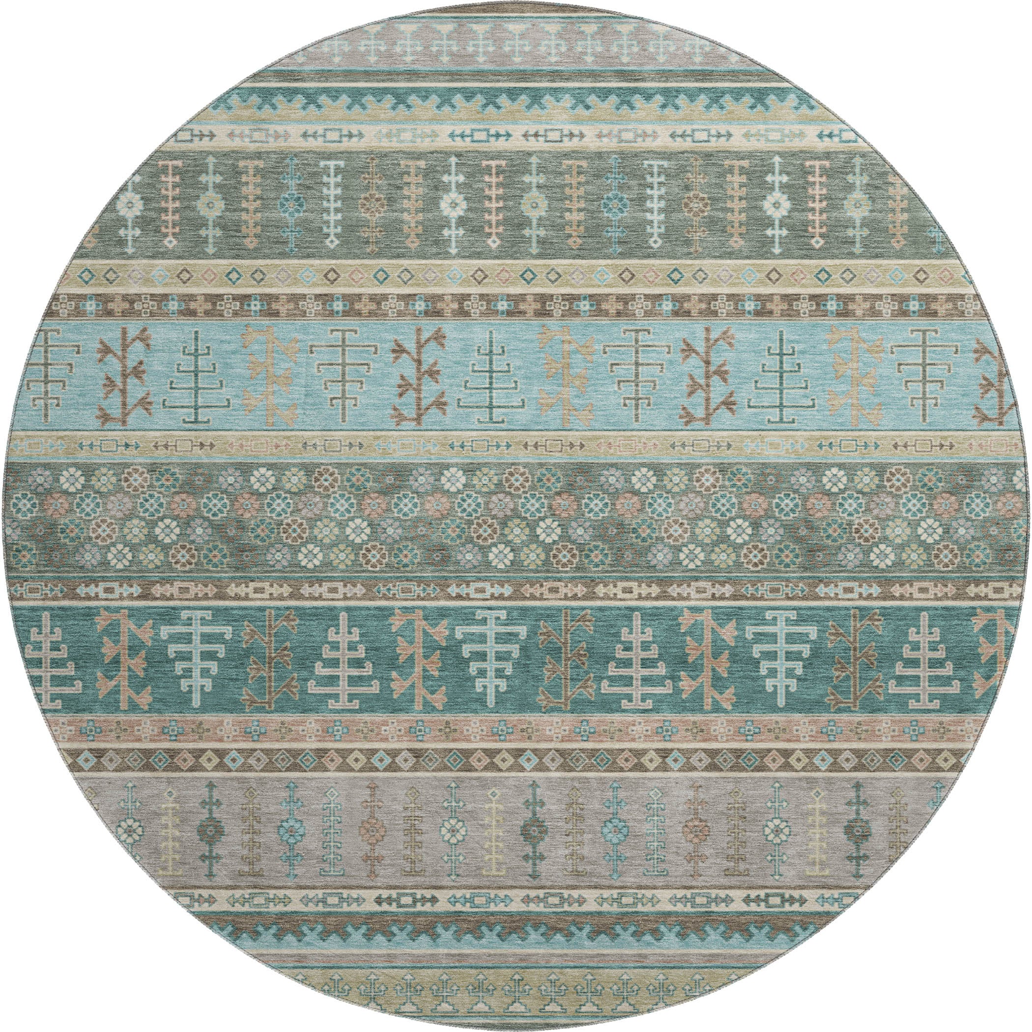 Luang Prabang Machine Washable Transitional Aloe Green Rug 8' x 8' #shape_Round