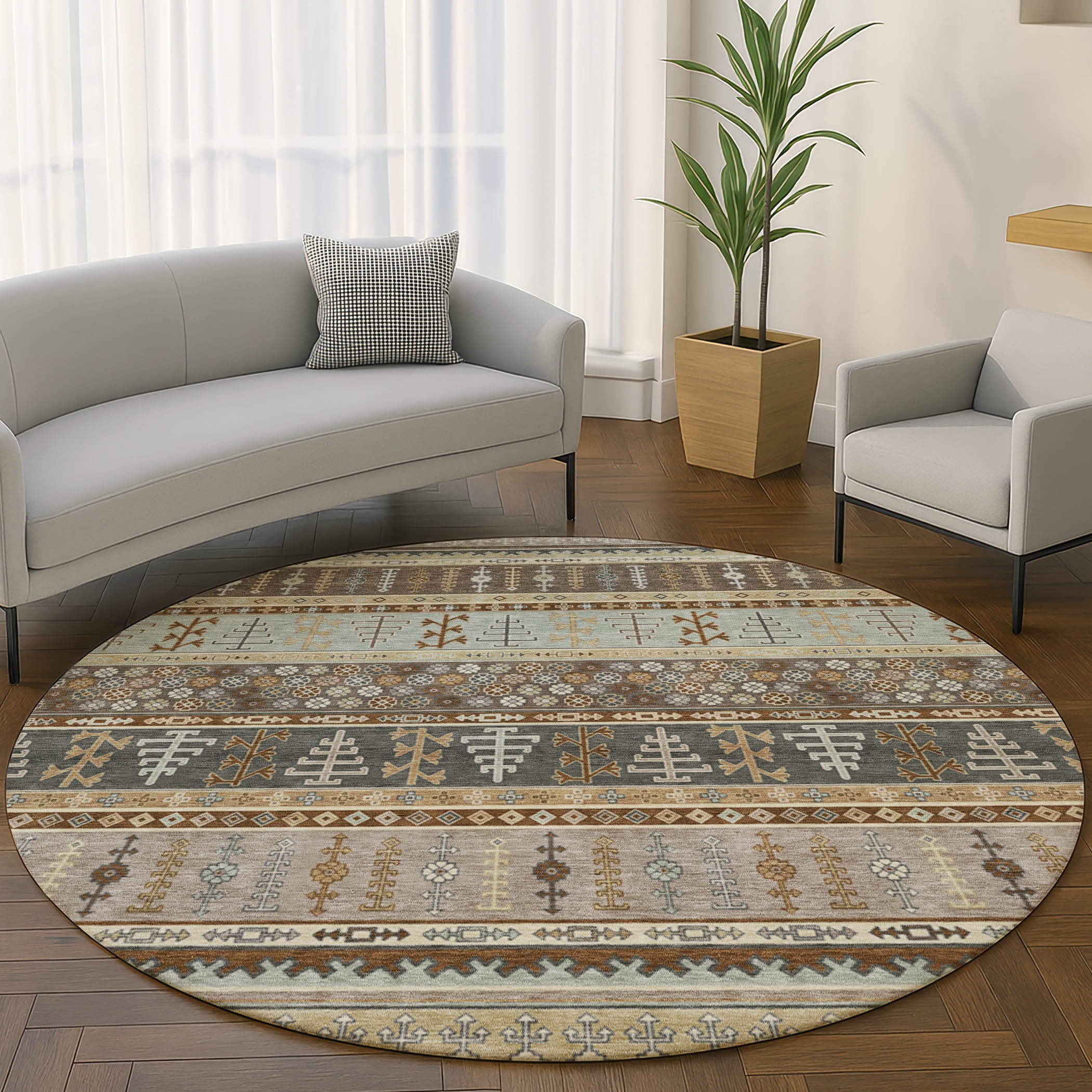 Luang Prabang Machine Washable Transitional Brown Rug 8' x 8' #shape_Round