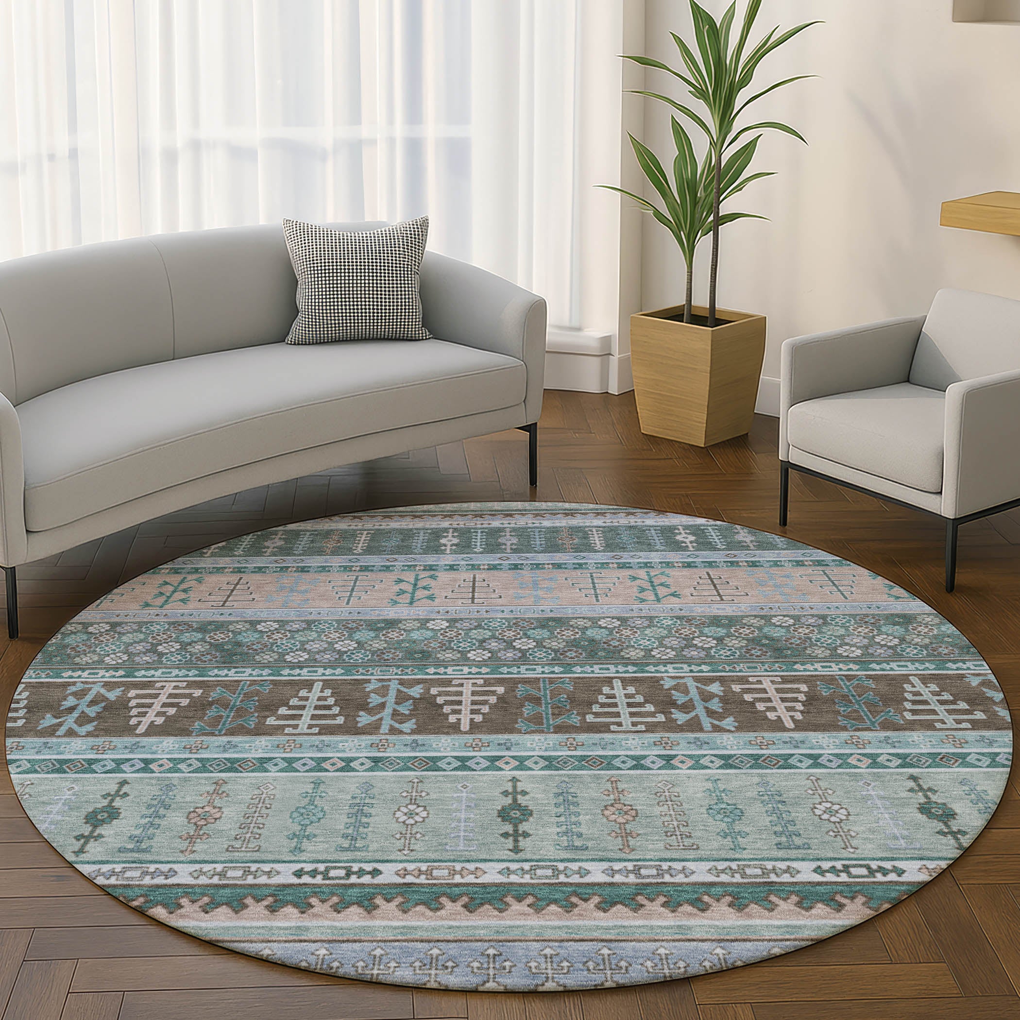 Luang Prabang Machine Washable Transitional Emerald Green Rug 8' x 8' #shape_Round
