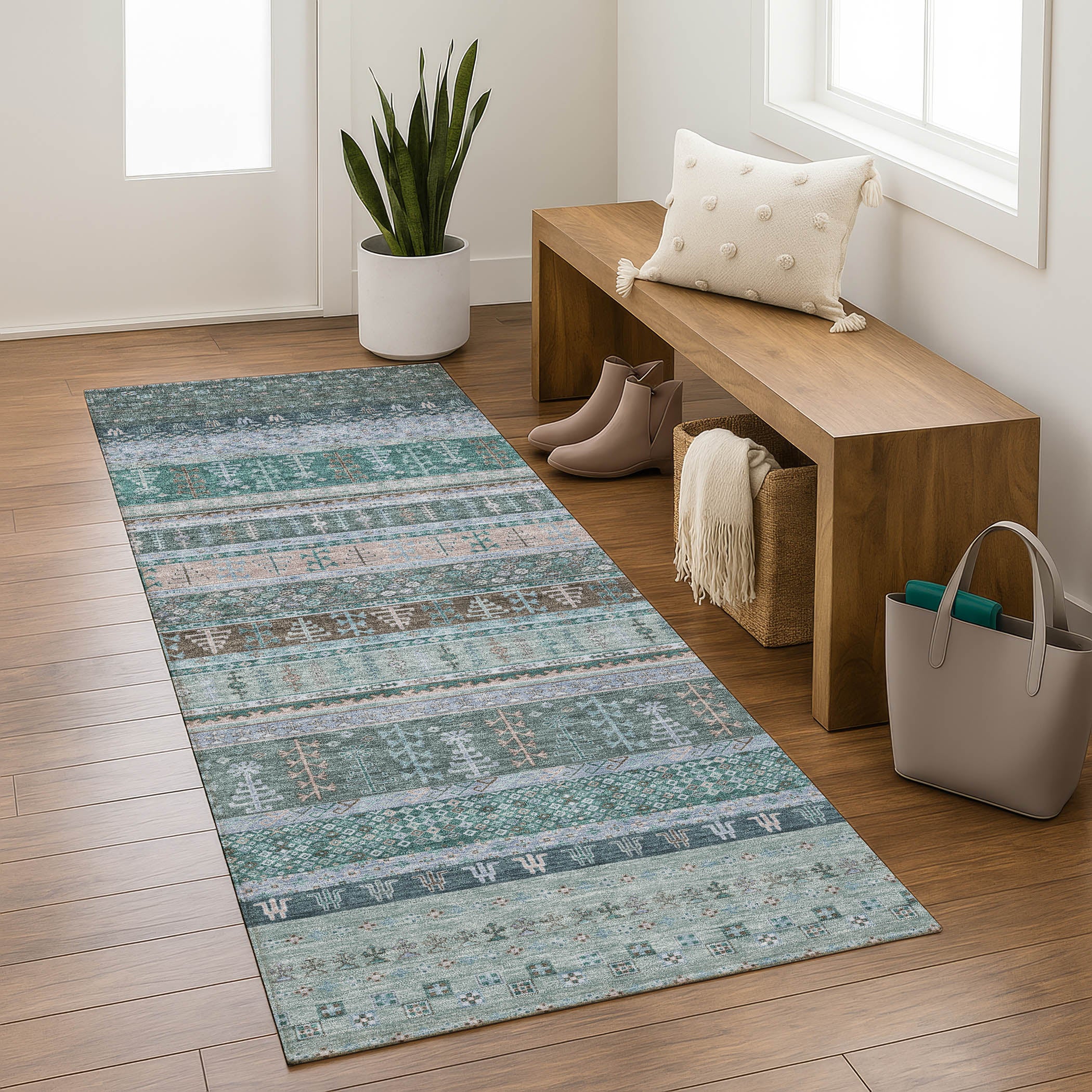 Luang Prabang Machine Washable Transitional Emerald Green Rug 2'3" x 7'6" #shape_Runner
