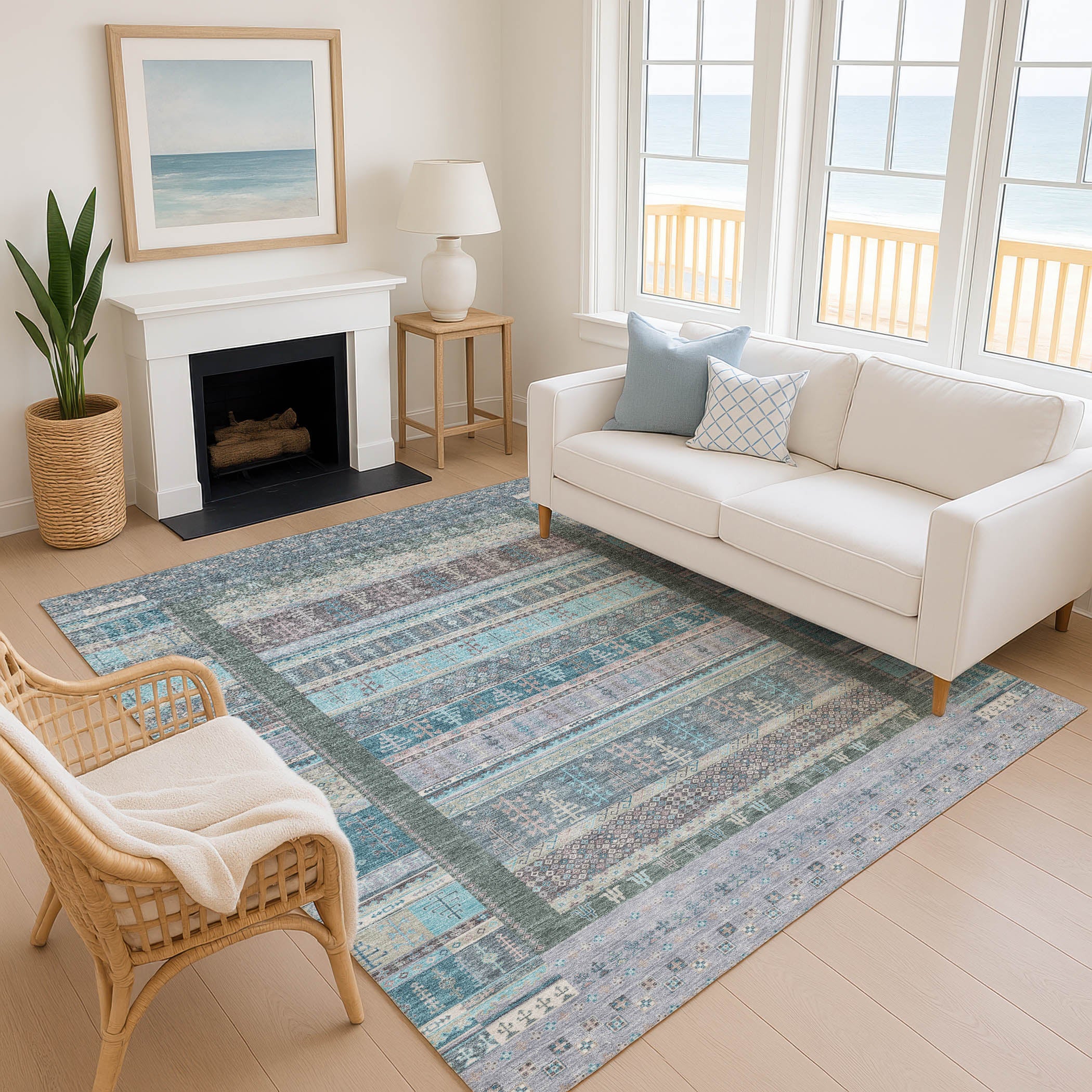 Luang Prabang Machine Washable Transitional Teal Rug 2'6" x 3'10" #shape_Rectangle