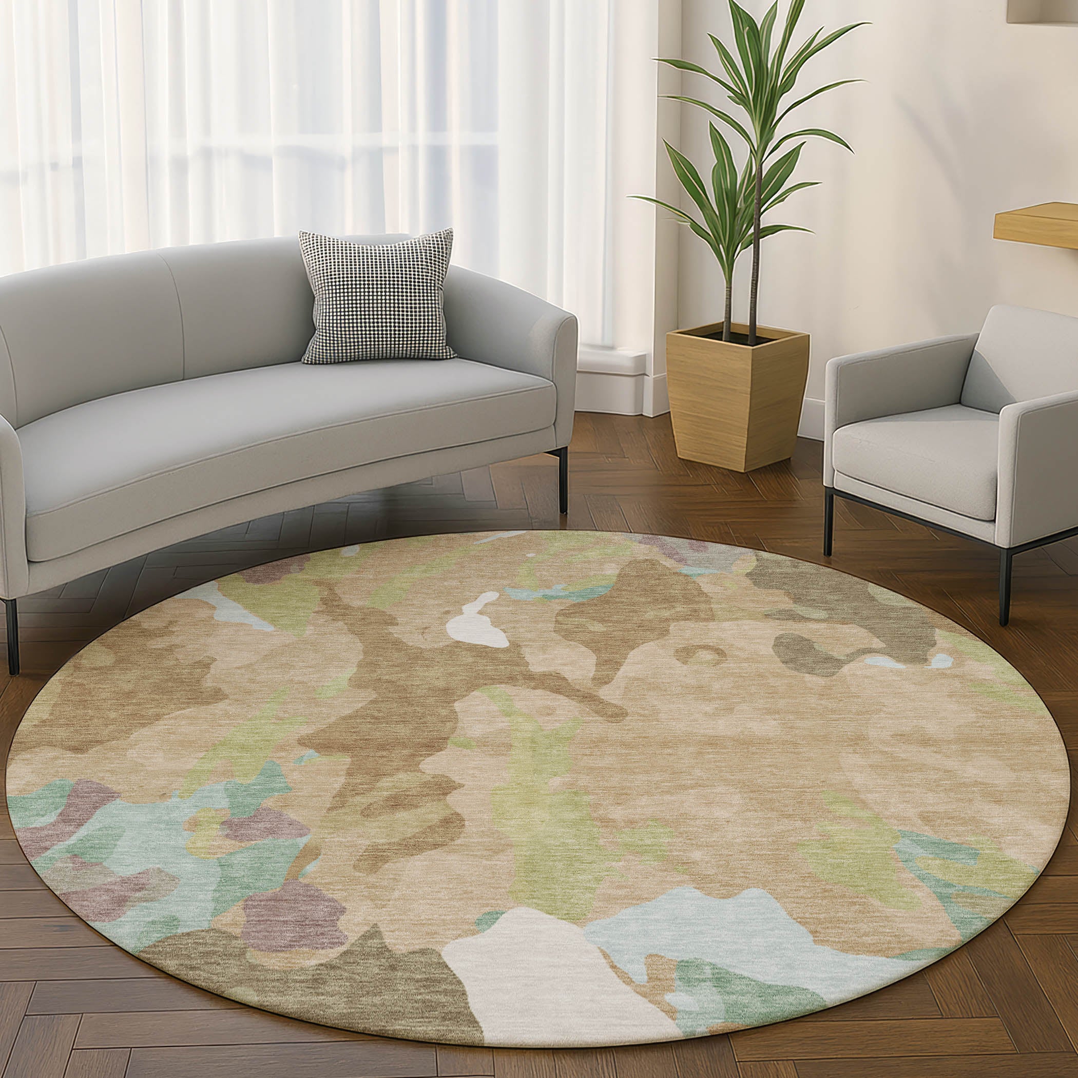 Vienna Machine Washable Transitional Beige Brown Rug 8' x 8' #shape_Round