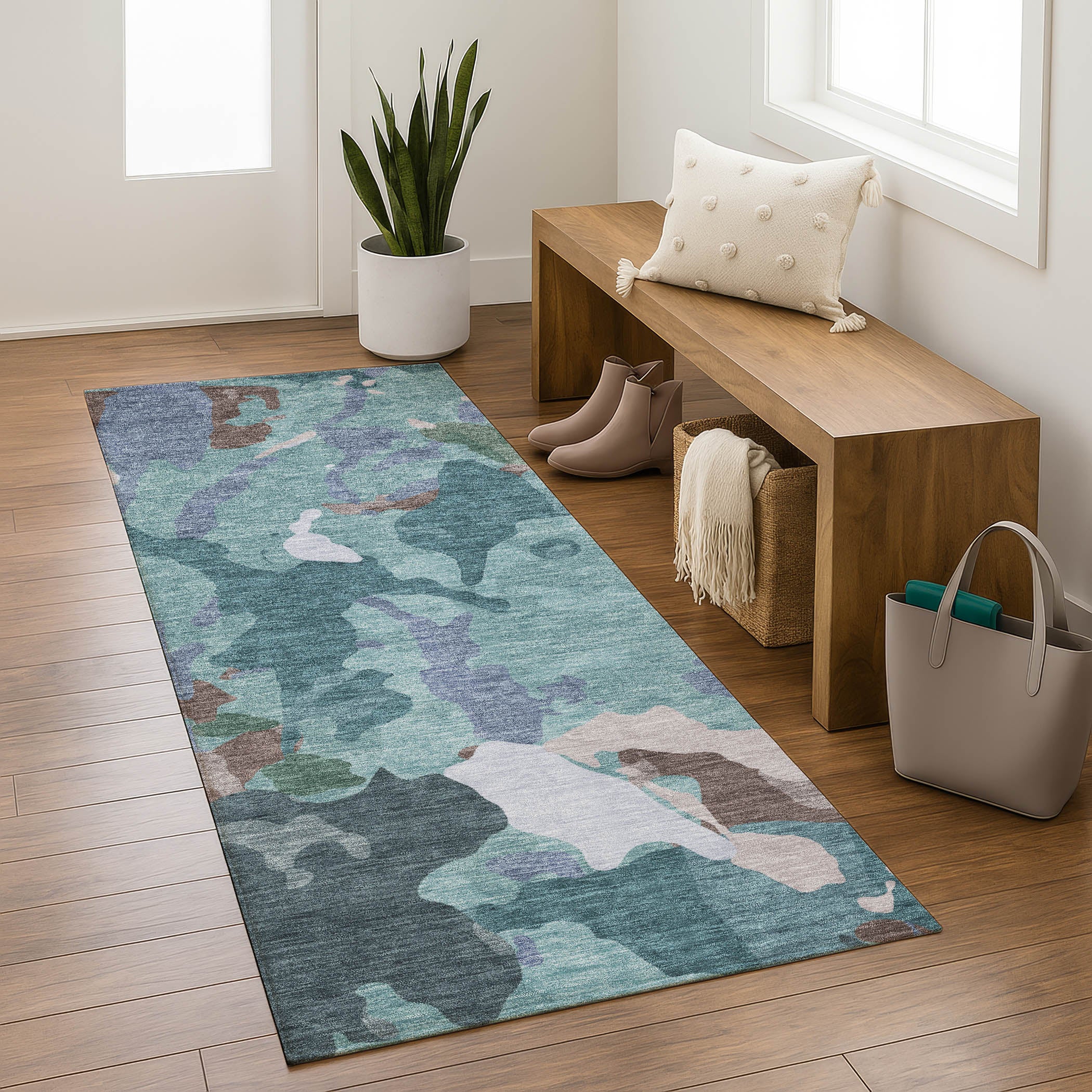 Vienna Machine Washable Transitional Teal Rug 2'3" x 7'6" #shape_Runner