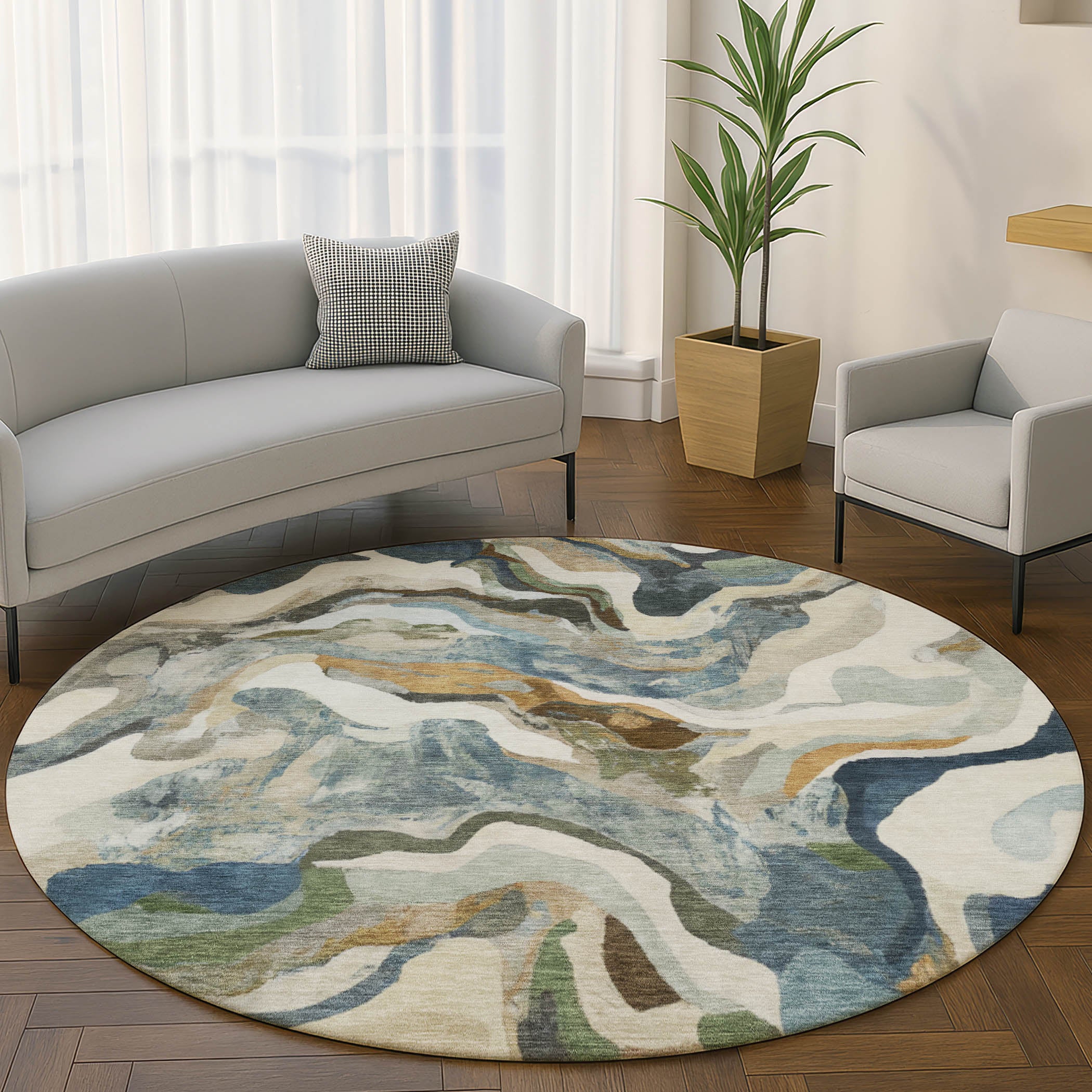 Bruges Machine Washable Transitional Denim Blue Rug 8' x 8' #shape_Round