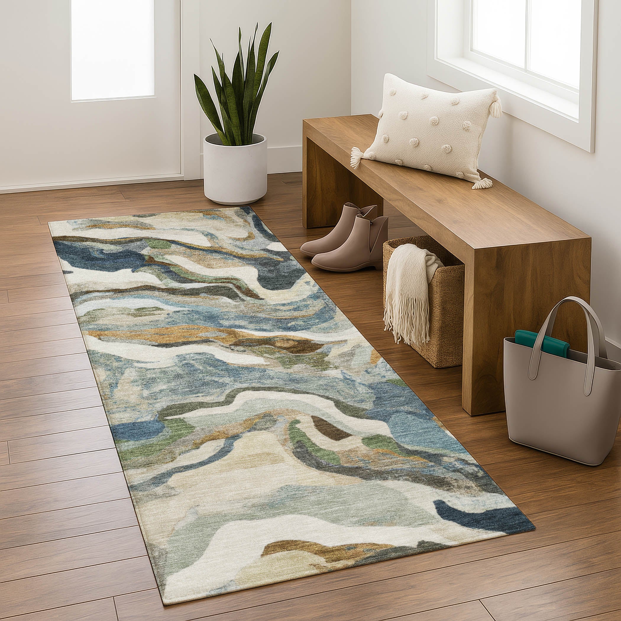 Bruges Machine Washable Transitional Denim Blue Rug 2'3" x 7'6" #shape_Runner