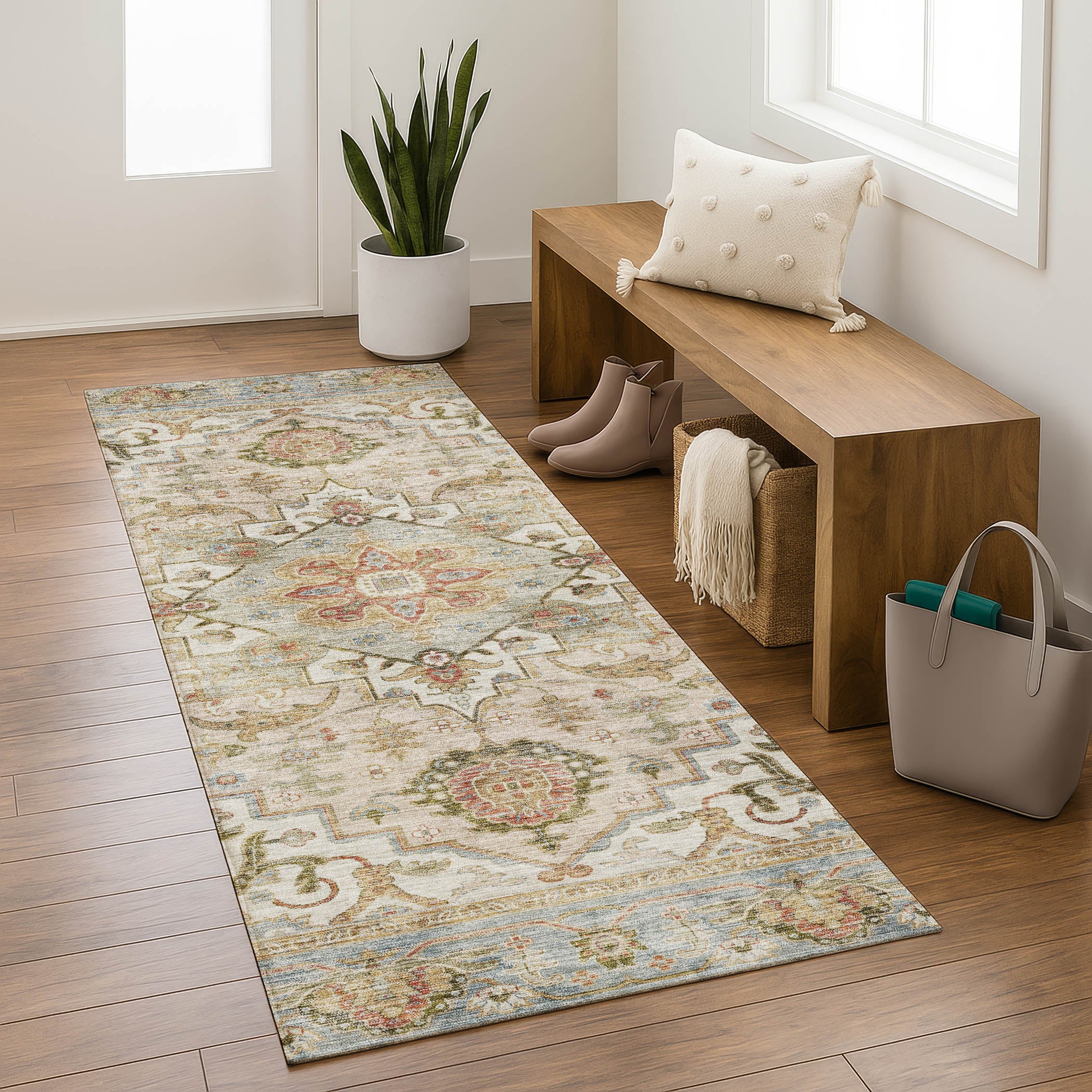Santorini Machine Washable Traditional Beige Brown Rug 2'3" x 7'6" #shape_Runner