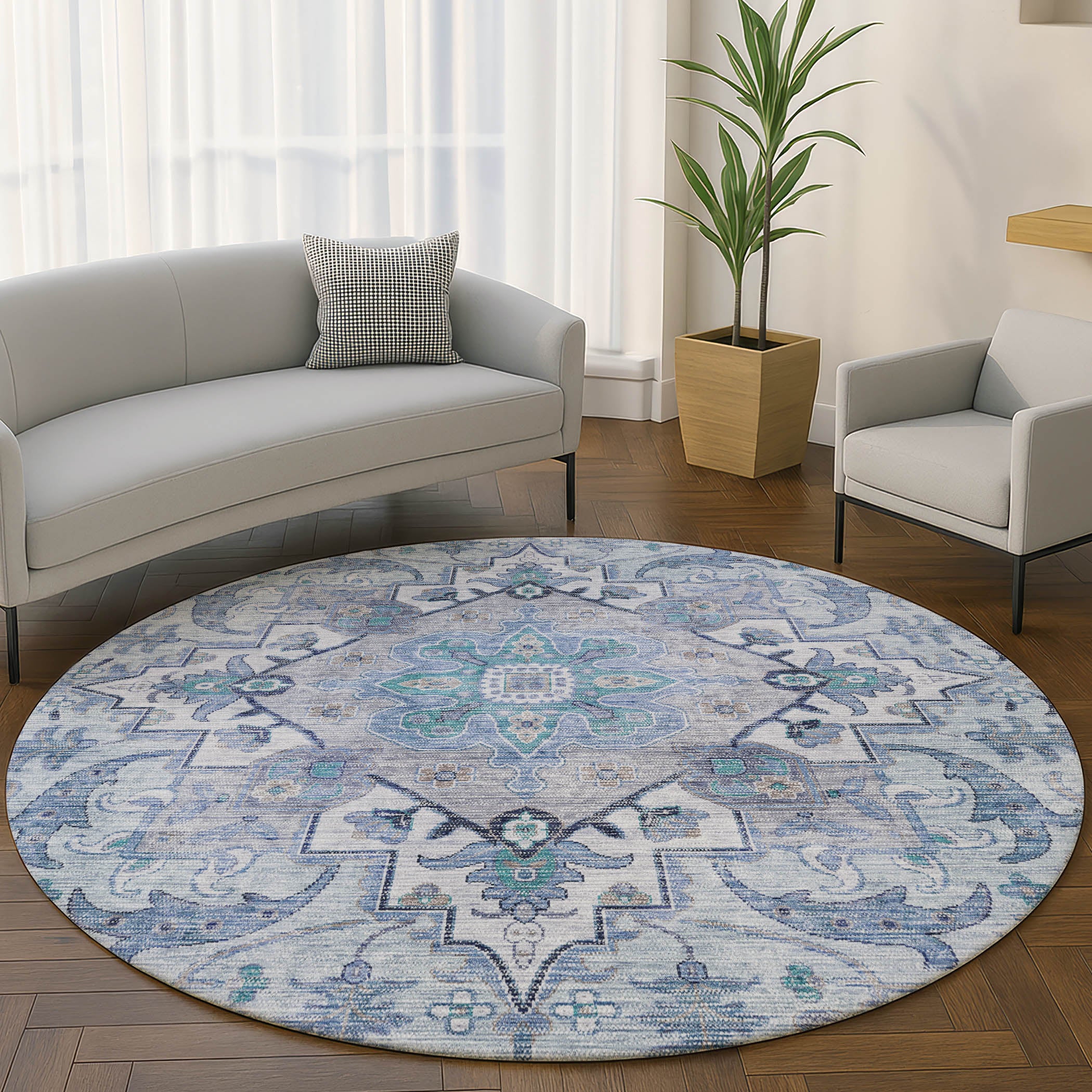 Santorini Machine Washable Traditional Blue Rug 8' x 8' #shape_Round