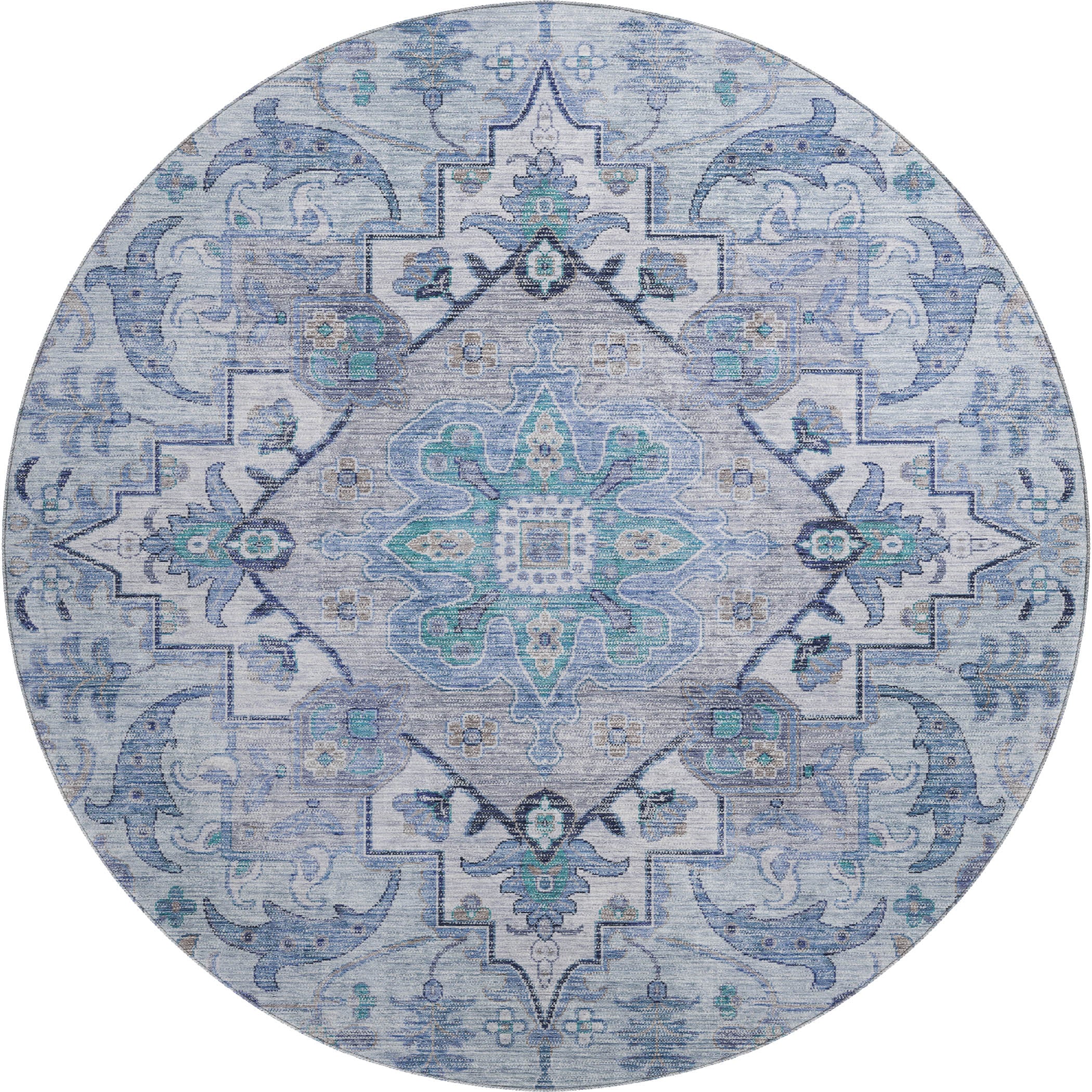 Santorini Machine Washable Traditional Blue Rug 8' x 8' #shape_Round