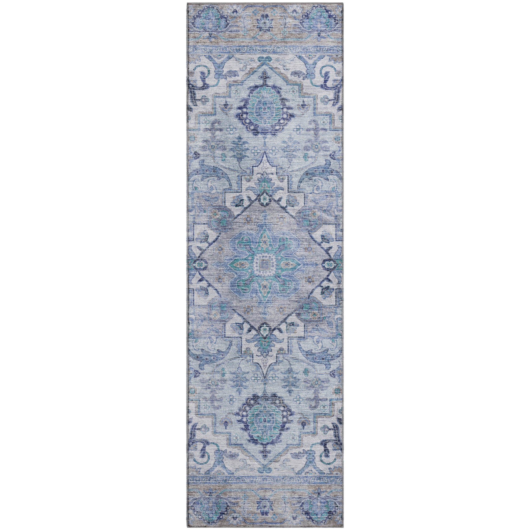 Santorini Machine Washable Traditional Blue Rug 2'3" x 7'6" #shape_Runner