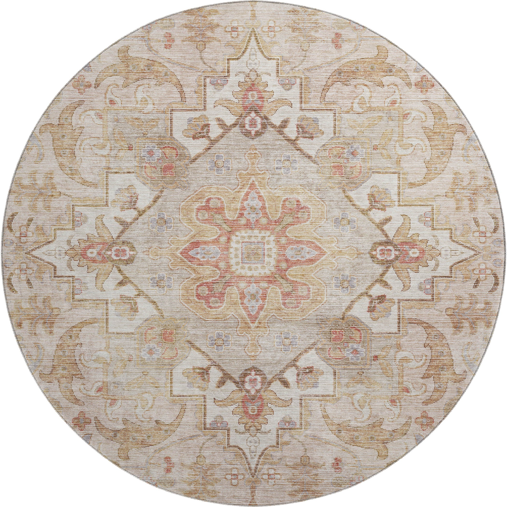 Santorini Machine Washable Traditional Coral Orange Rug 8' x 8' #shape_Round