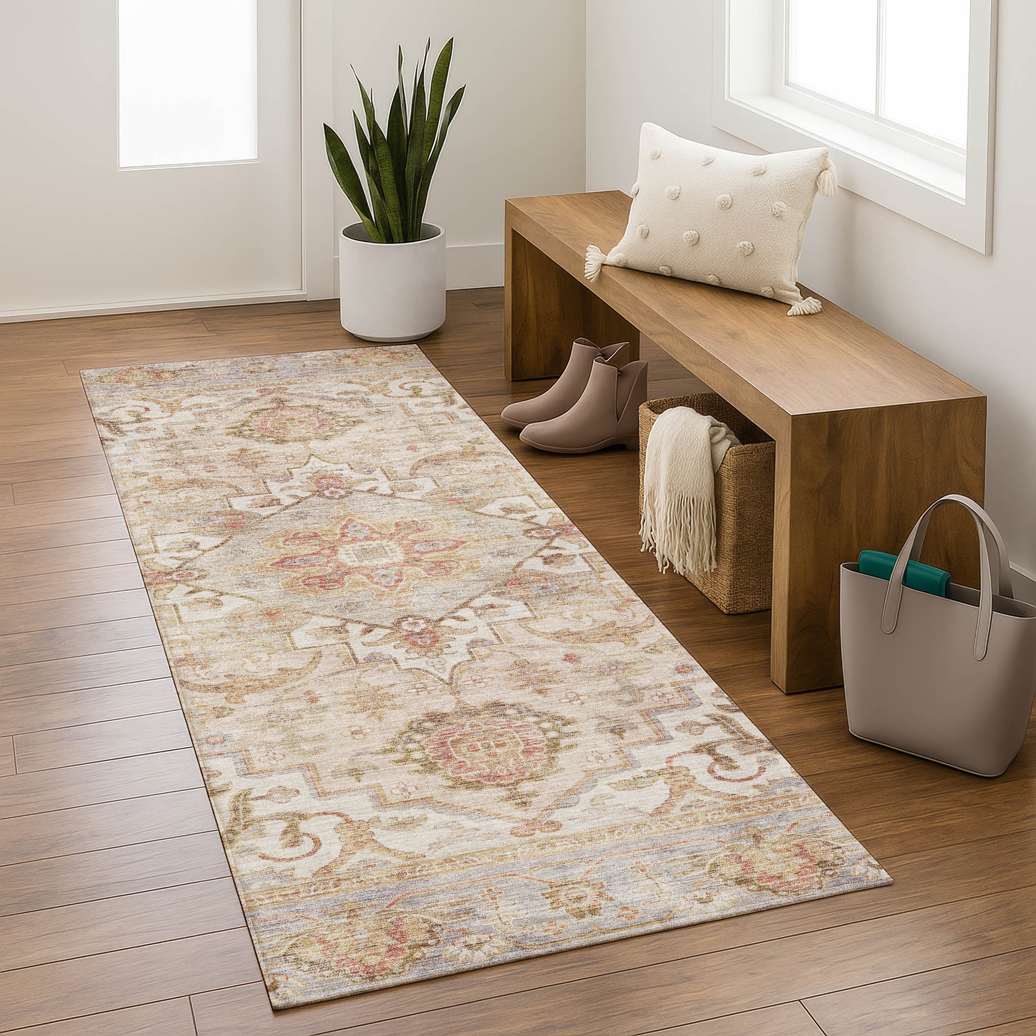 Santorini Machine Washable Traditional Coral Orange Rug 2'3" x 7'6" #shape_Runner