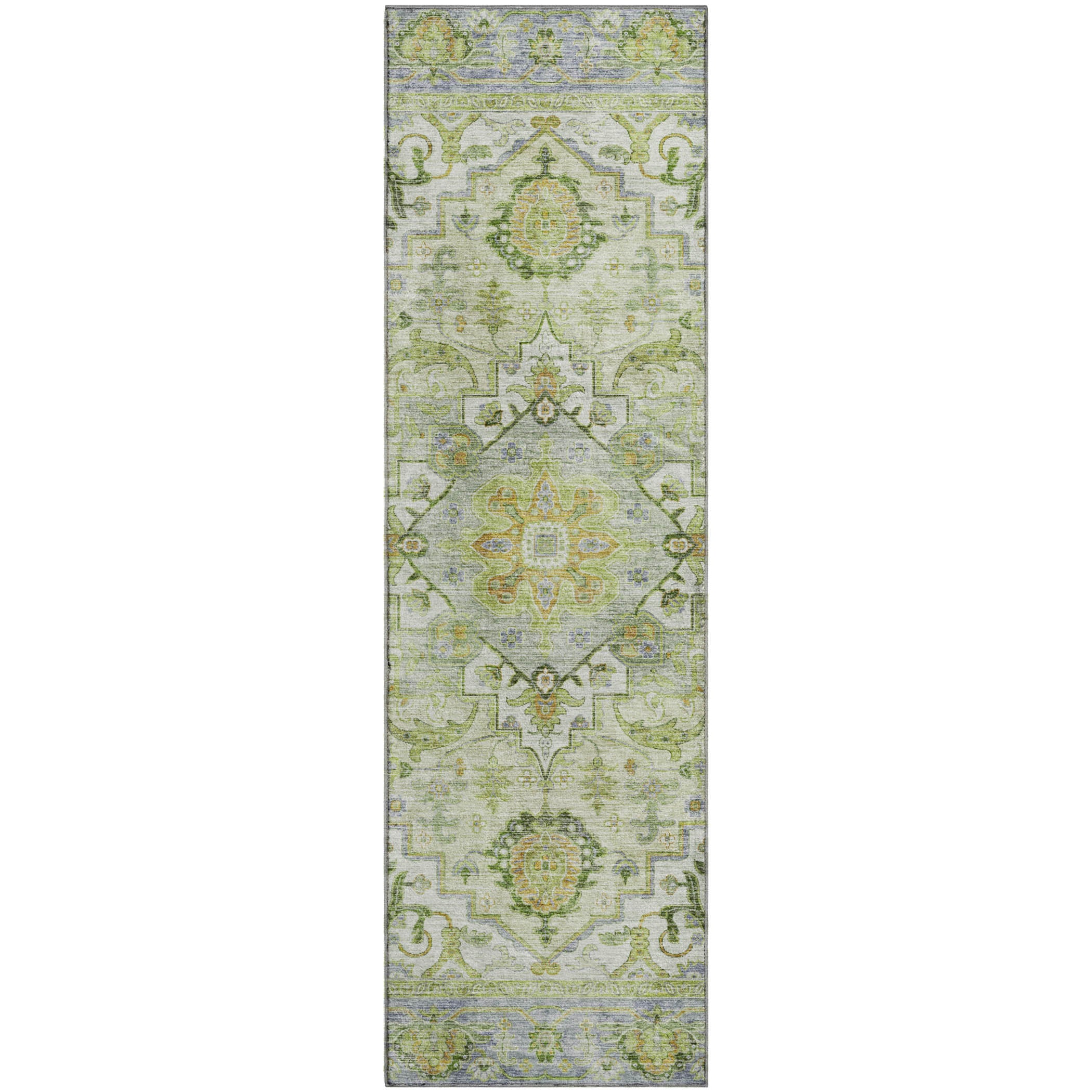 Santorini Machine Washable Traditional Green Rug 2'3" x 7'6" #shape_Runner