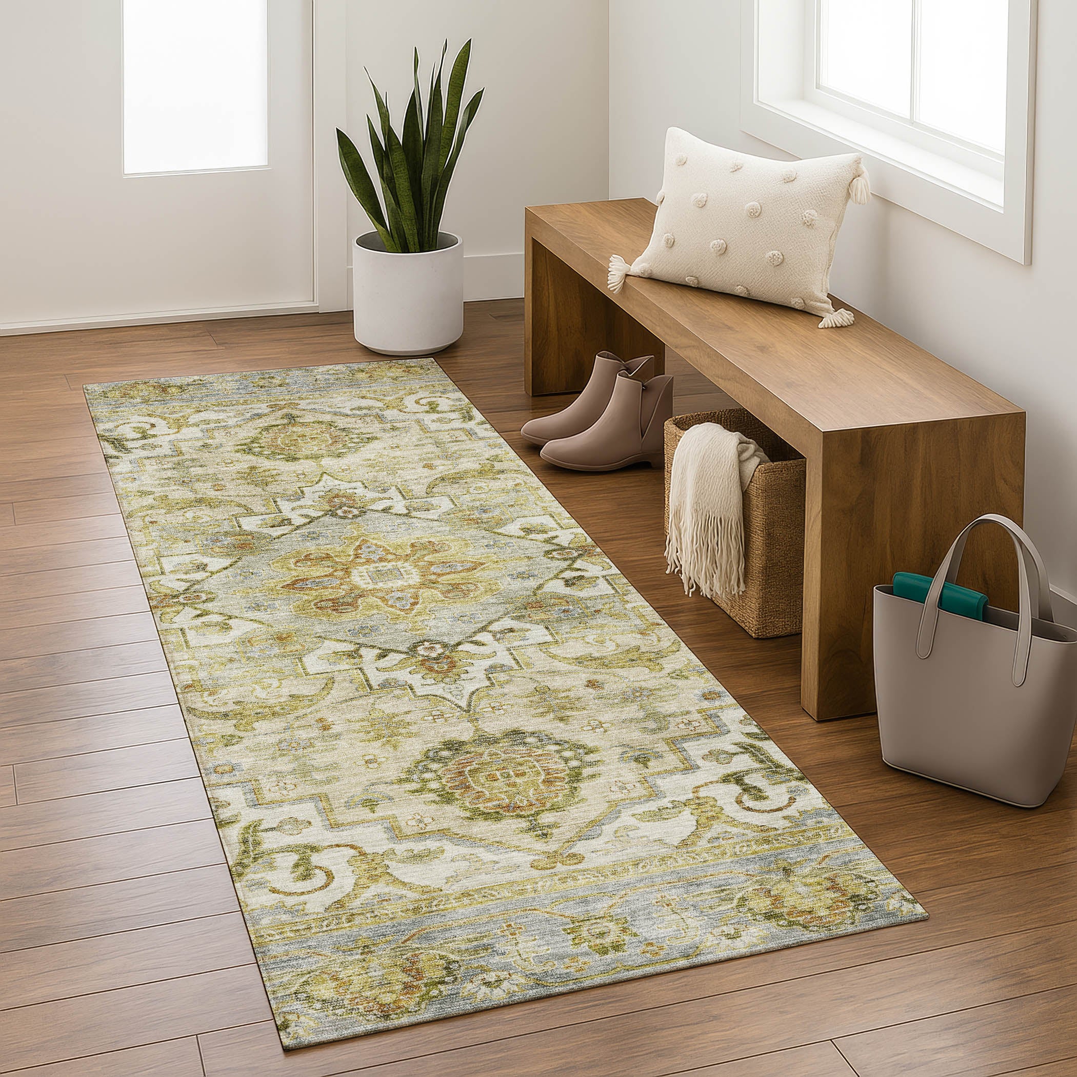 Santorini Machine Washable Traditional Khaki Brown Rug 2'3" x 7'6" #shape_Runner