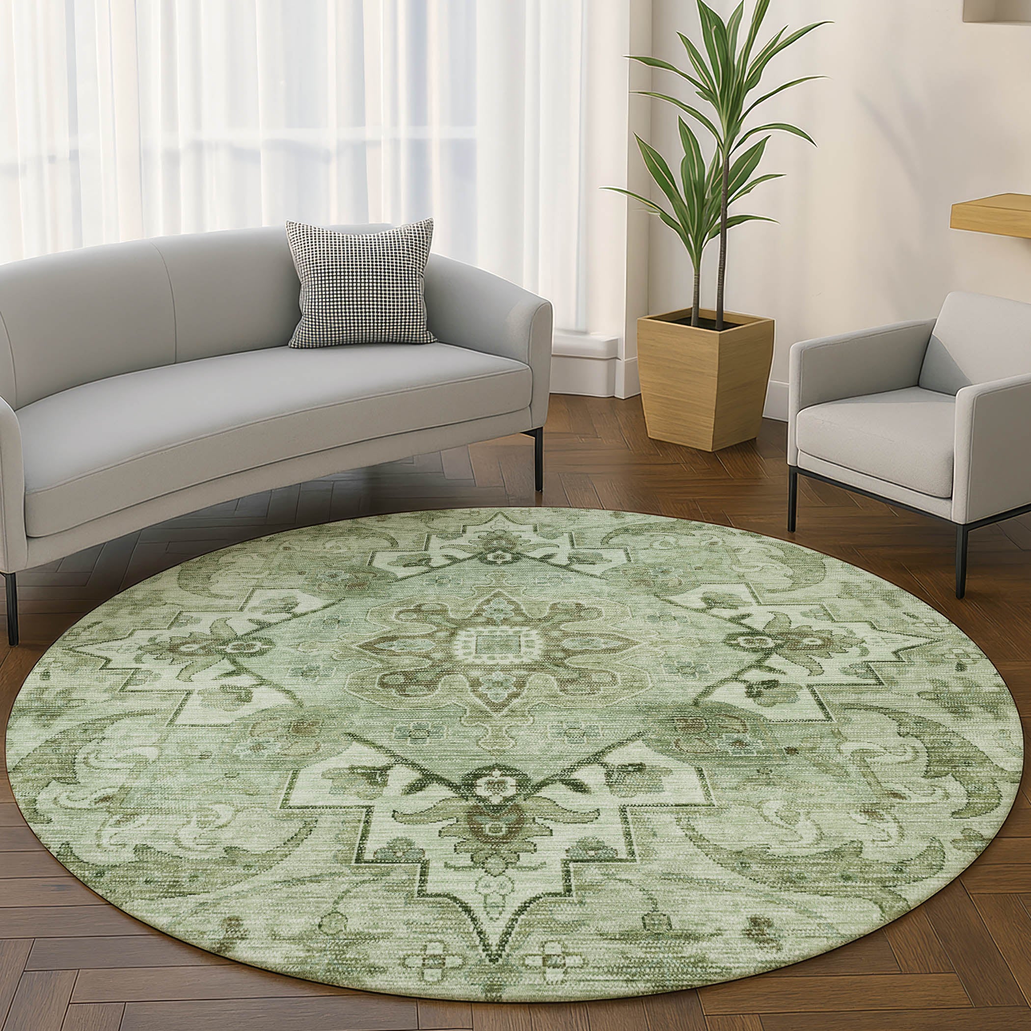 Sintra Machine Washable Traditional Aloe Green Rug 8' x 8' #shape_Round