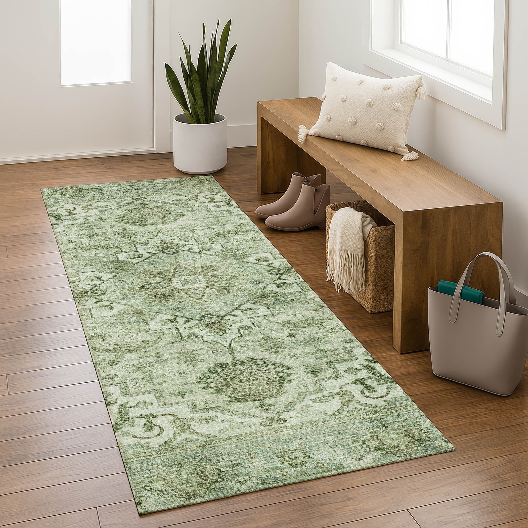 Sintra Machine Washable Traditional Aloe Green Rug 2'3" x 7'6" #shape_Runner