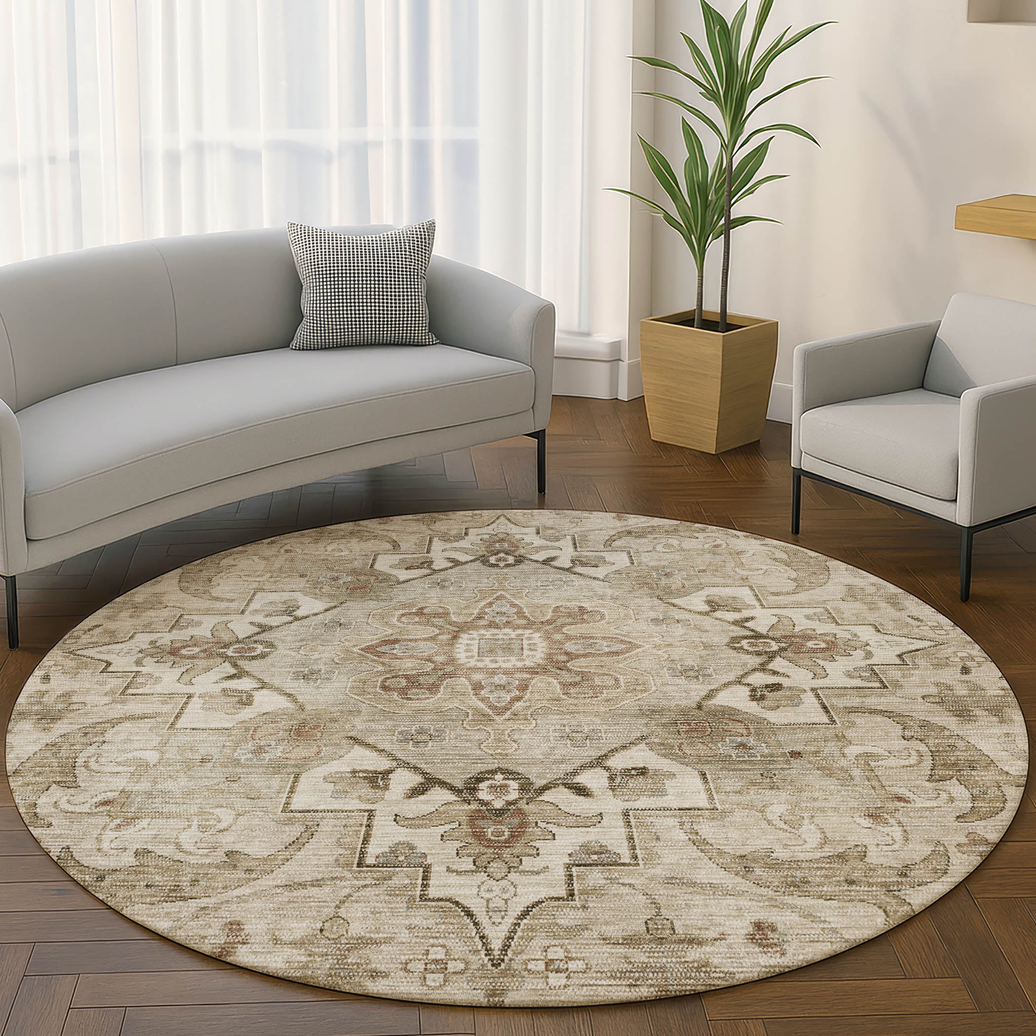 Sintra Machine Washable Traditional Beige Brown Rug 8' x 8' #shape_Round
