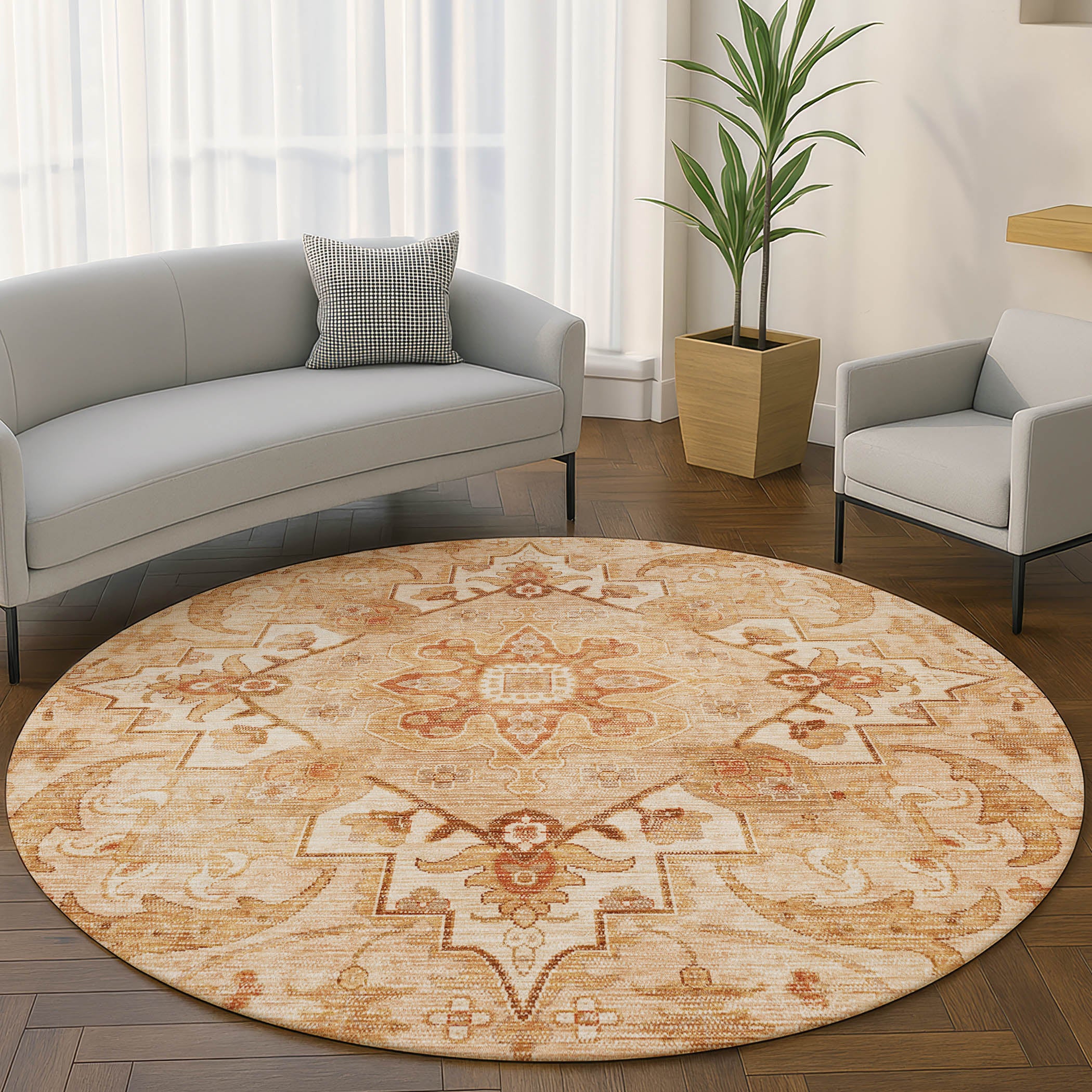 Sintra Machine Washable Traditional Copper Orange Rug 8' x 8' #shape_Round