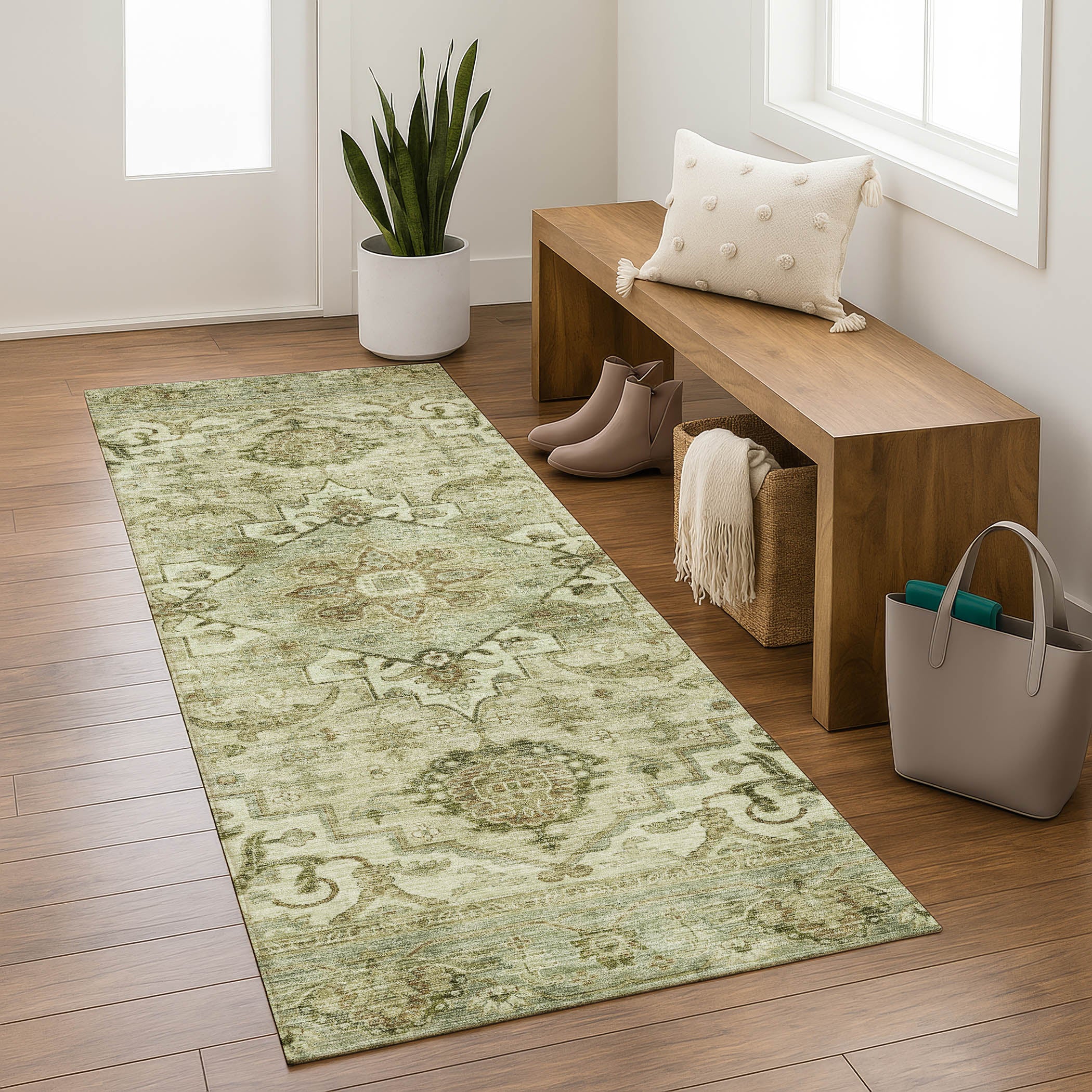 Sintra Machine Washable Traditional Sage Green Rug 2'3" x 7'6" #shape_Runner
