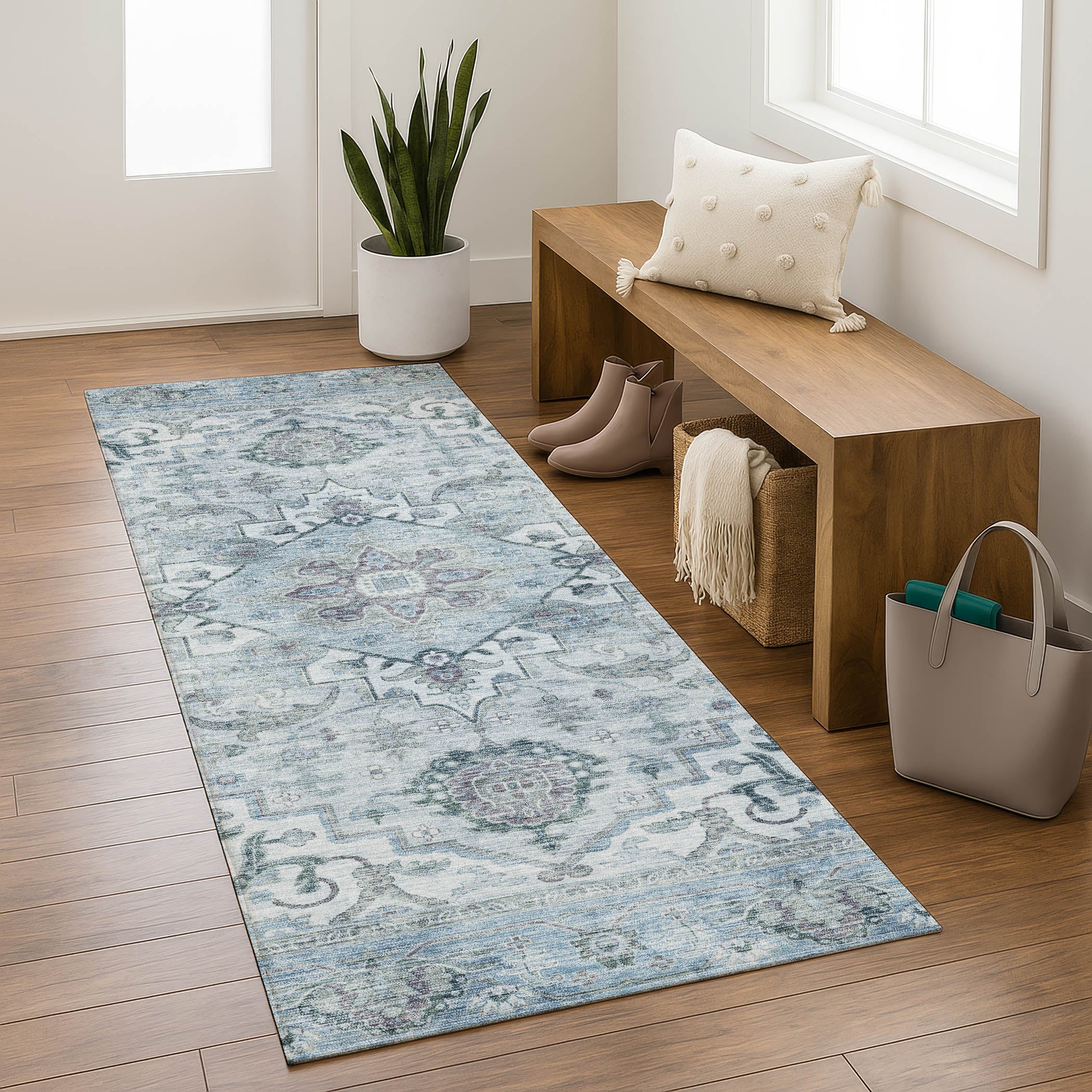 Sintra Machine Washable Traditional Sky Blue Rug 2'3" x 7'6" #shape_Runner