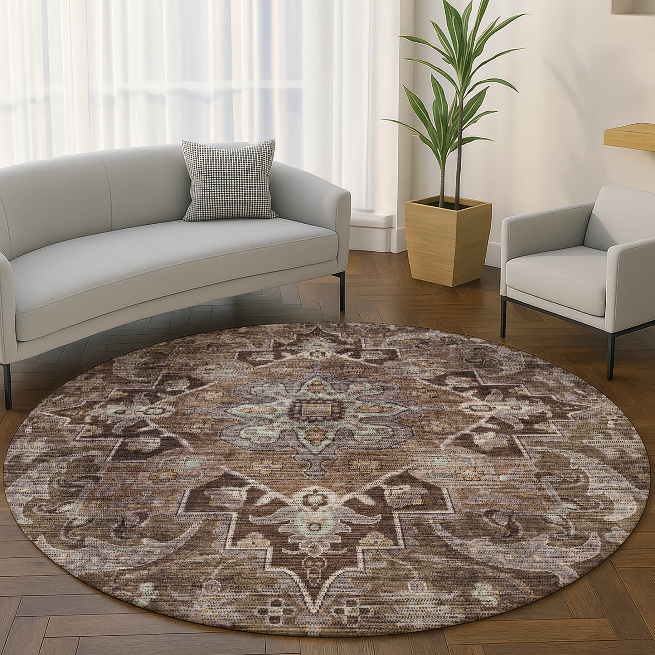 Chiang Mai Machine Washable Traditional Brown Rug 8' x 8' #shape_Round
