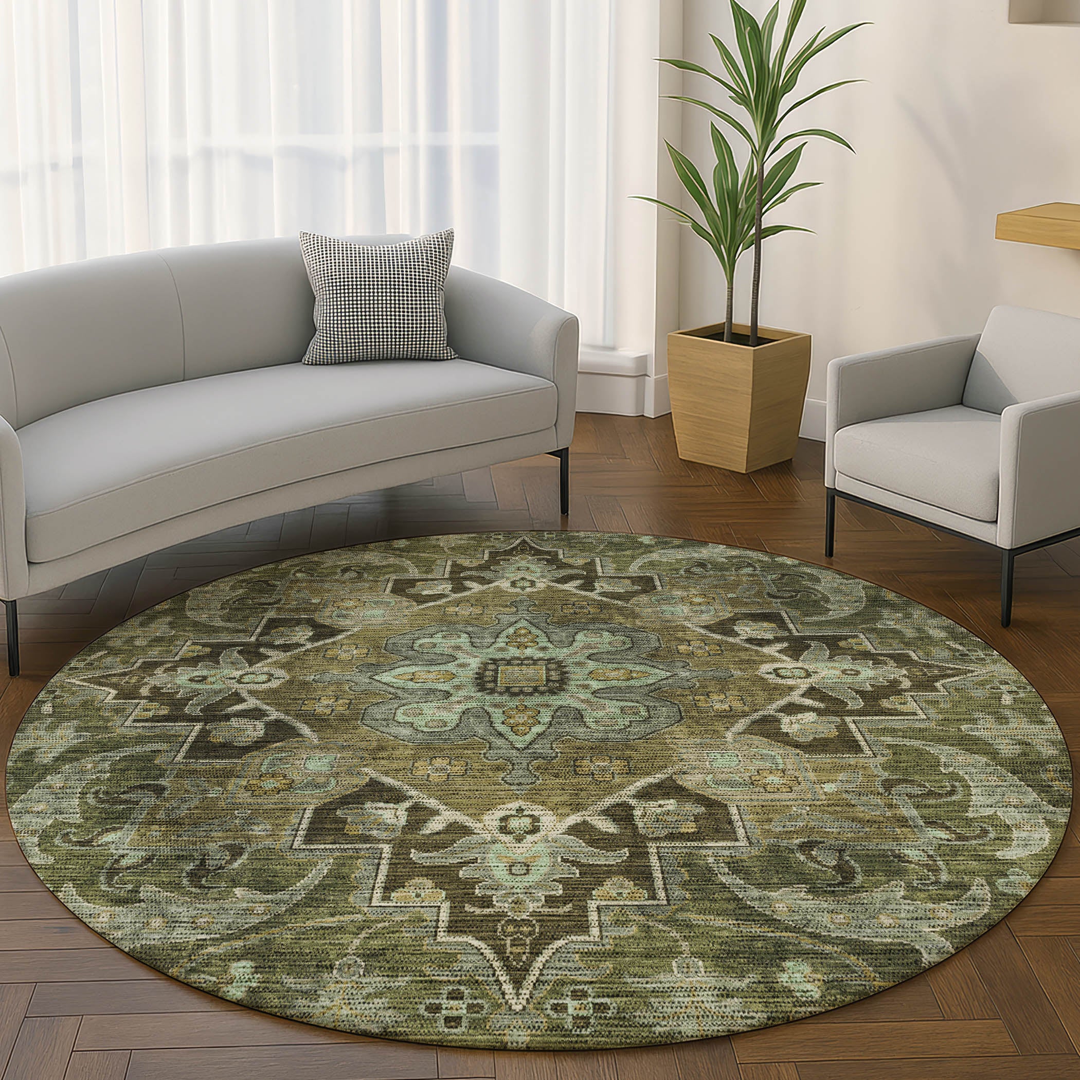 Chiang Mai Machine Washable Traditional Olive Green Rug 8' x 8' #shape_Round