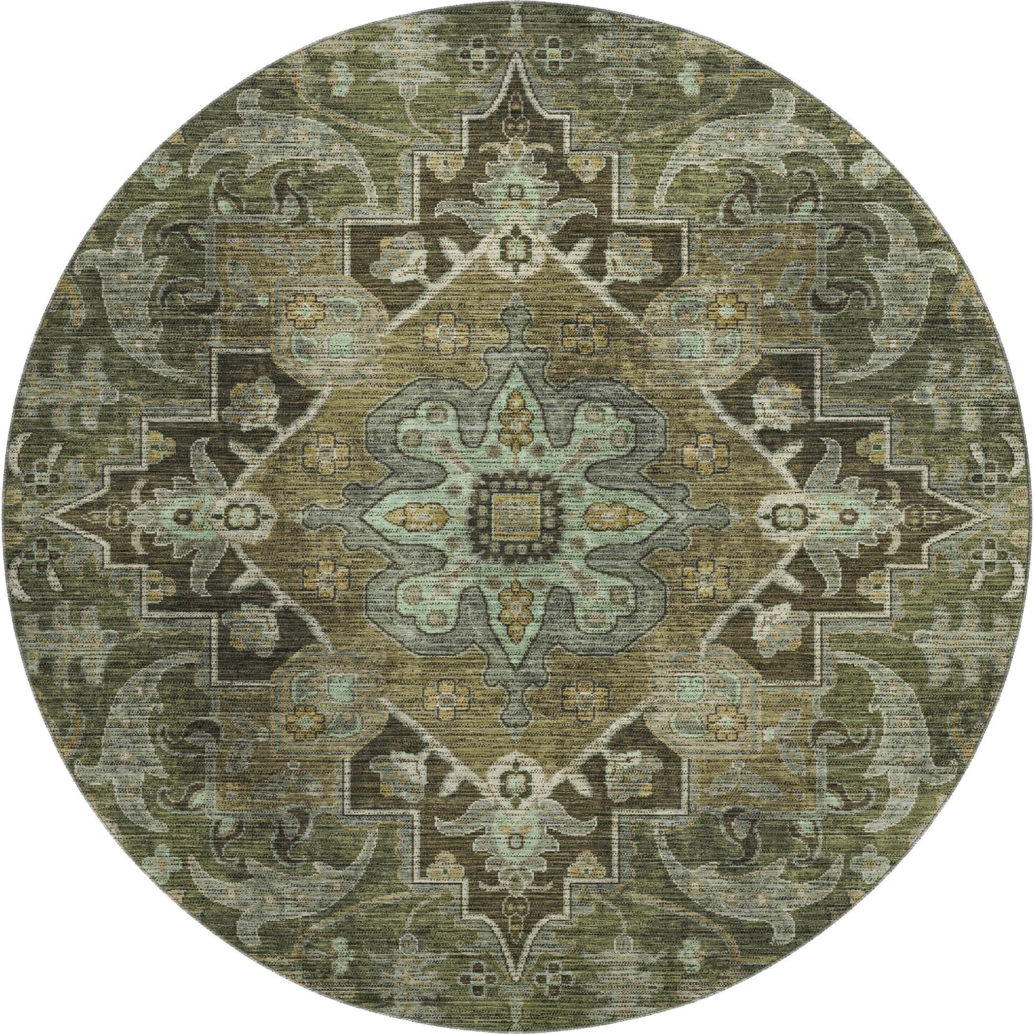 Chiang Mai Machine Washable Traditional Olive Green Rug 8' x 8' #shape_Round