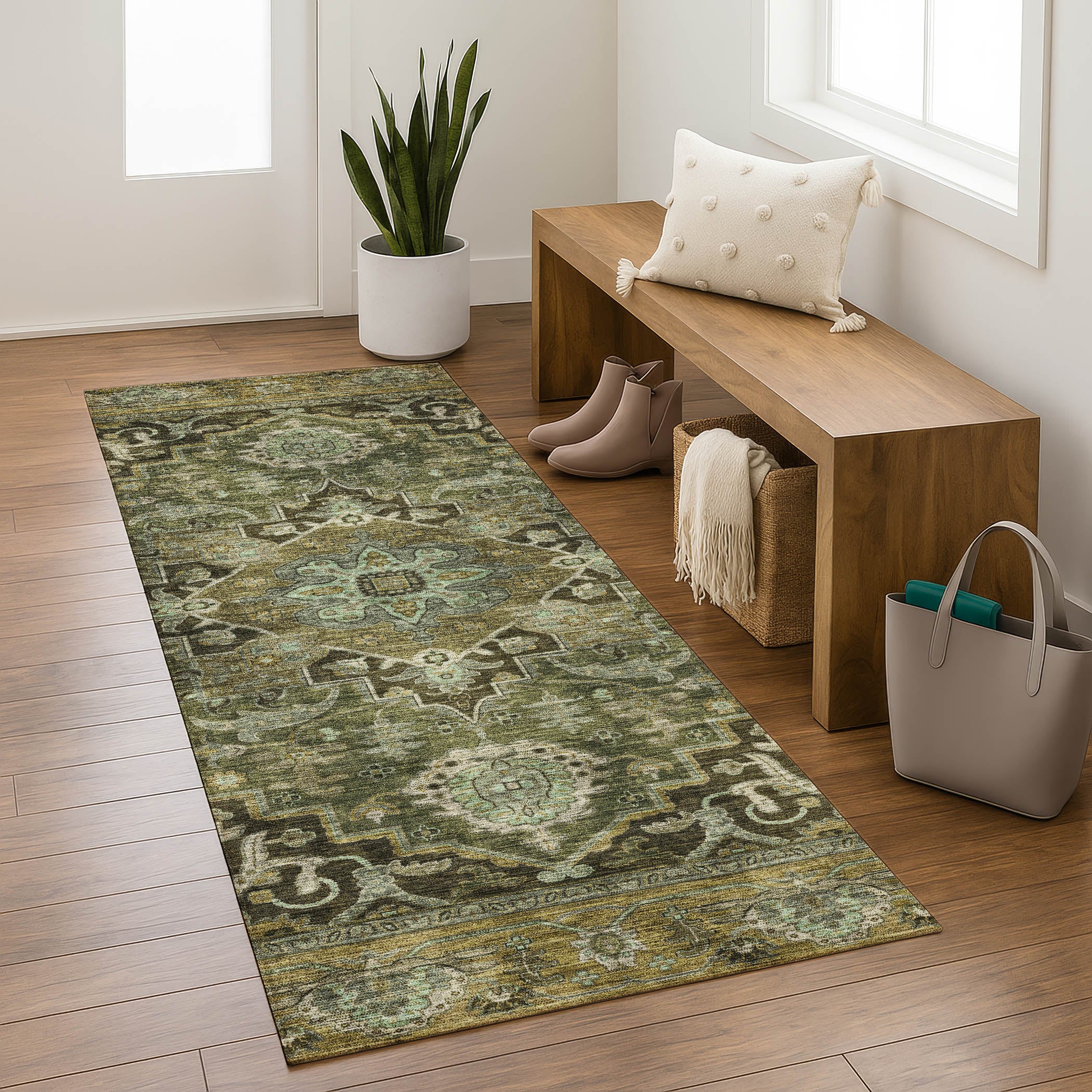 Chiang Mai Machine Washable Traditional Olive Green Rug 2'3" x 7'6" #shape_Runner