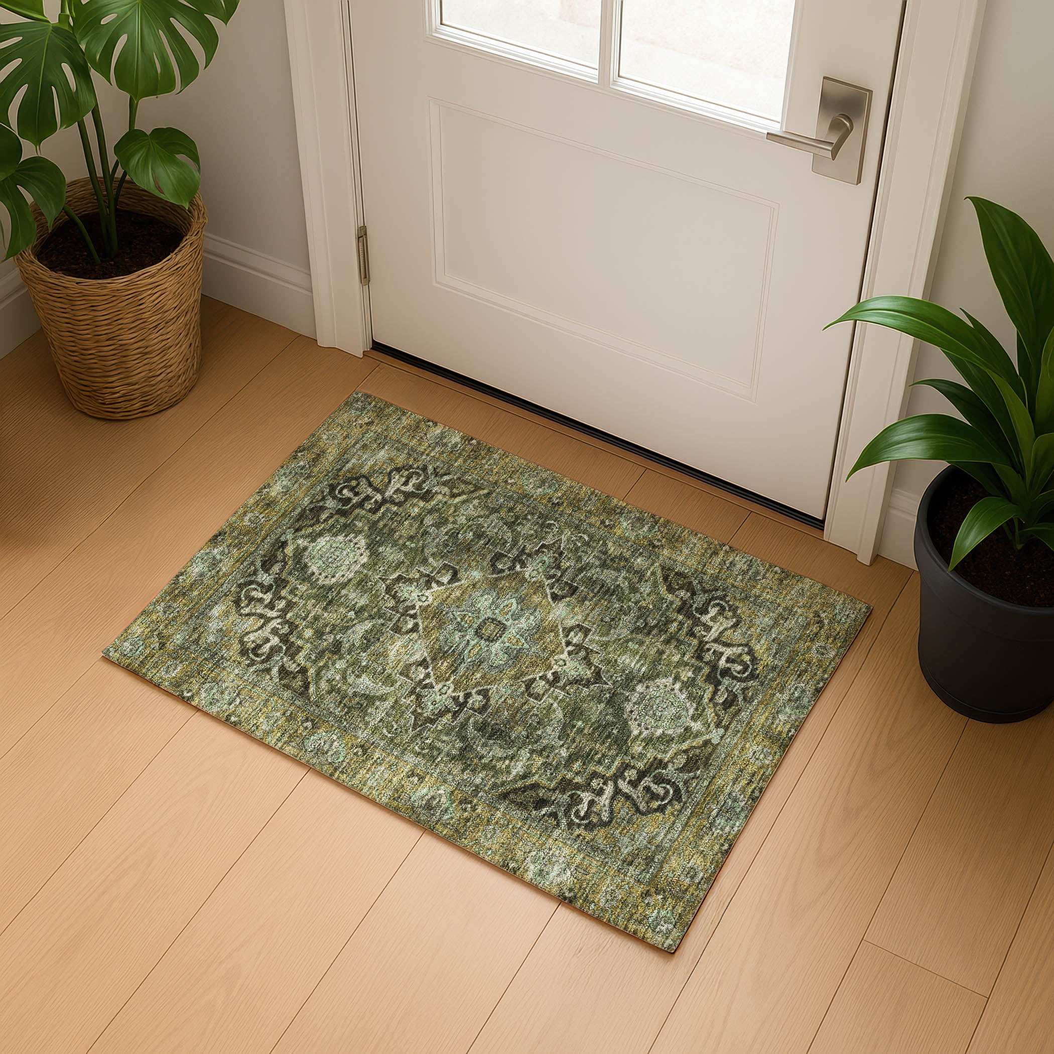 Chiang Mai Machine Washable Traditional Olive Green Rug 1'8" x 2'6" #shape_Rectangle