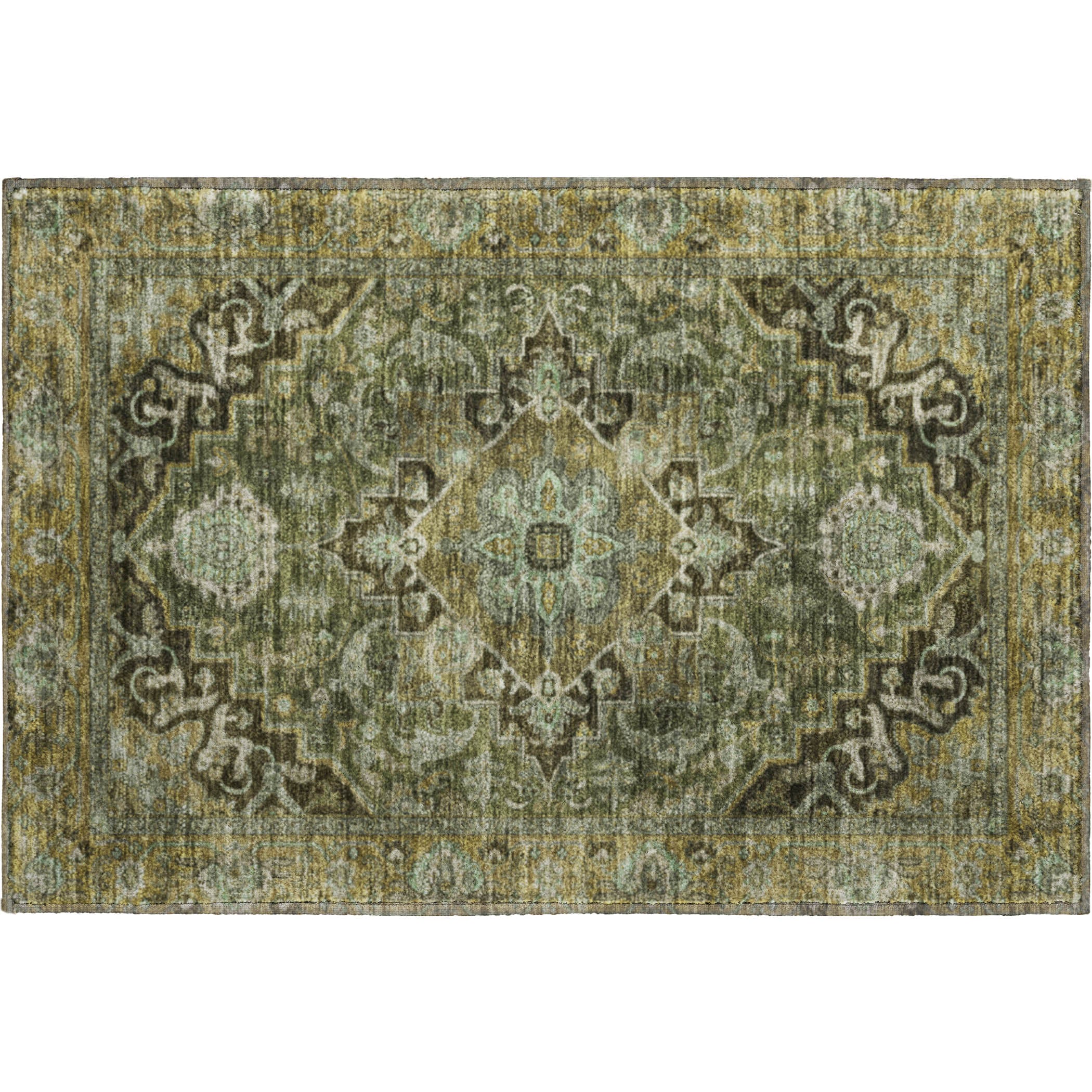 Chiang Mai Machine Washable Traditional Olive Green Rug 1'8" x 2'6" #shape_Rectangle