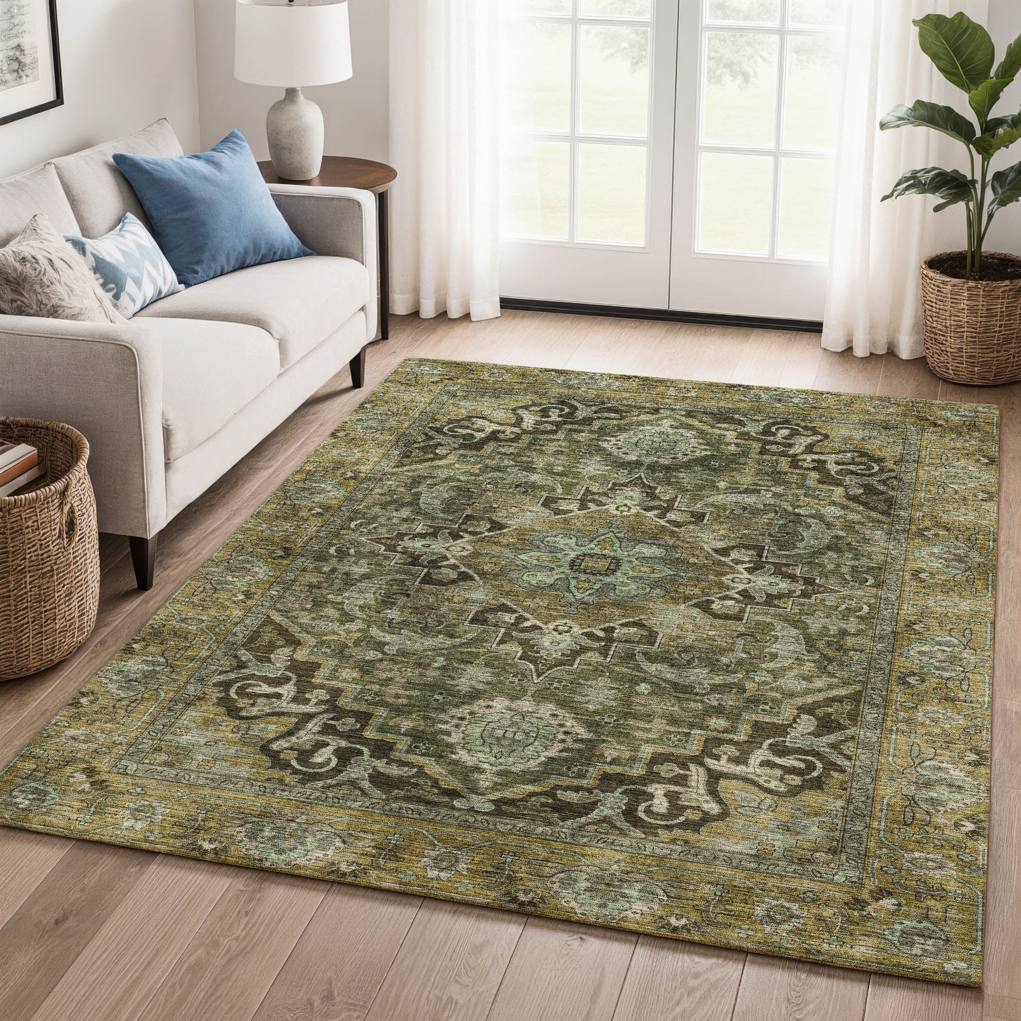 Chiang Mai Machine Washable Traditional Olive Green Rug 2'6" x 3'10" #shape_Rectangle