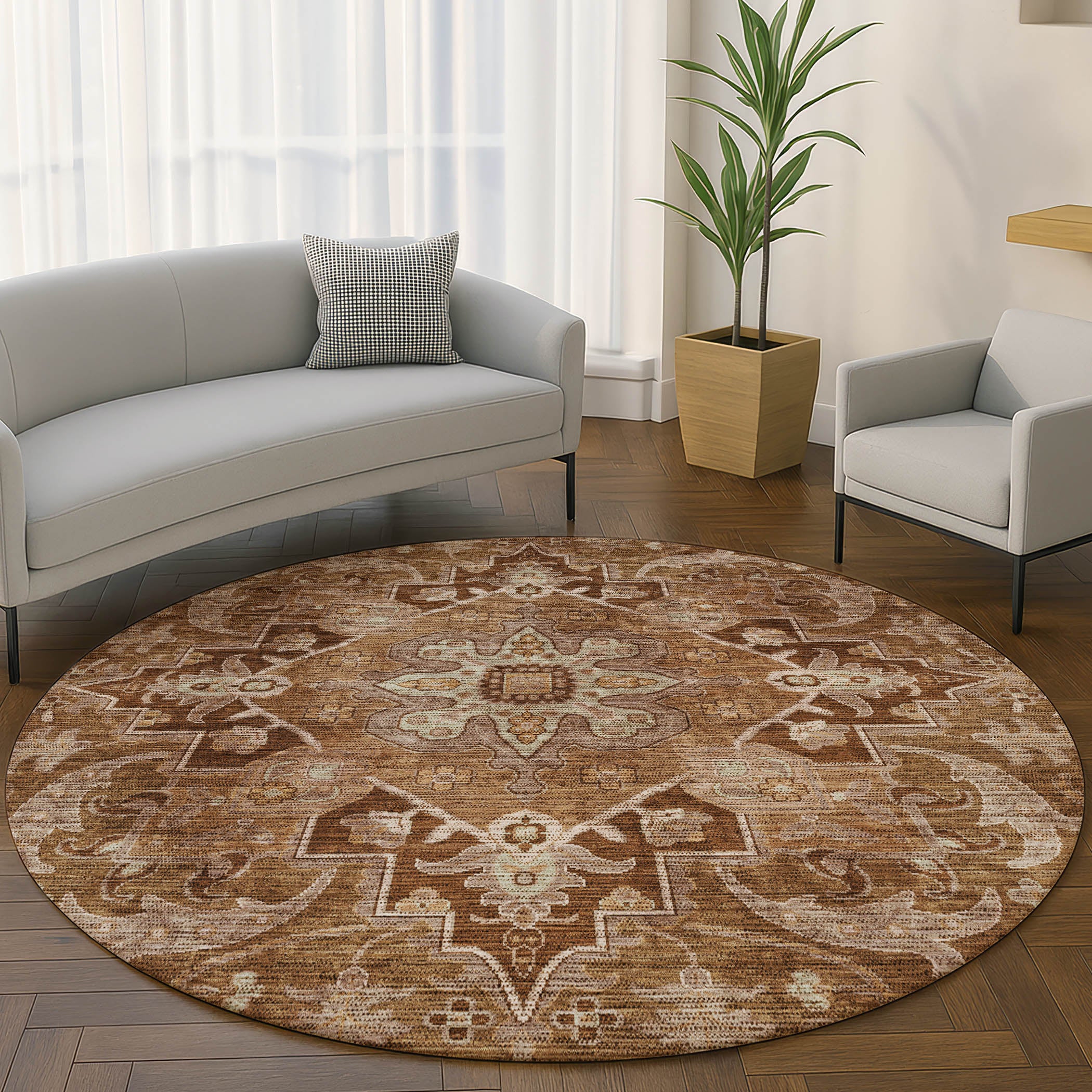 Chiang Mai Machine Washable Traditional Terracotta Orange Rug 8' x 8' #shape_Round