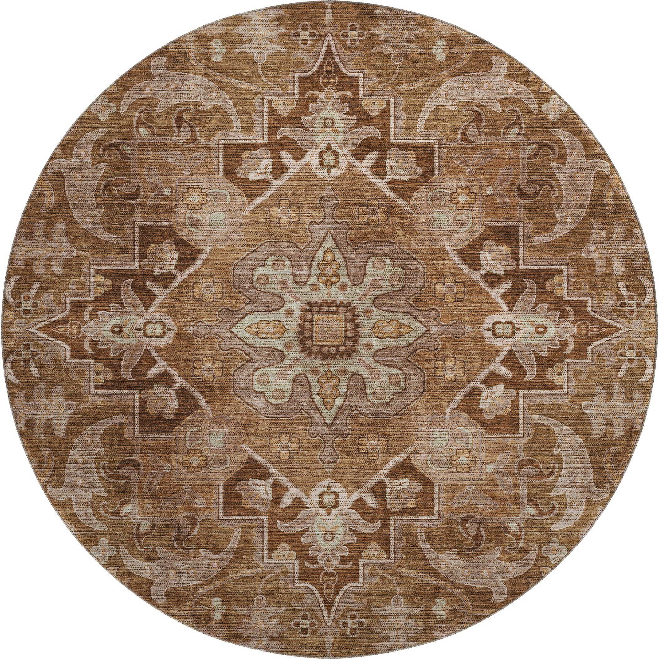 Chiang Mai Machine Washable Traditional Terracotta Orange Rug 8' x 8' #shape_Round