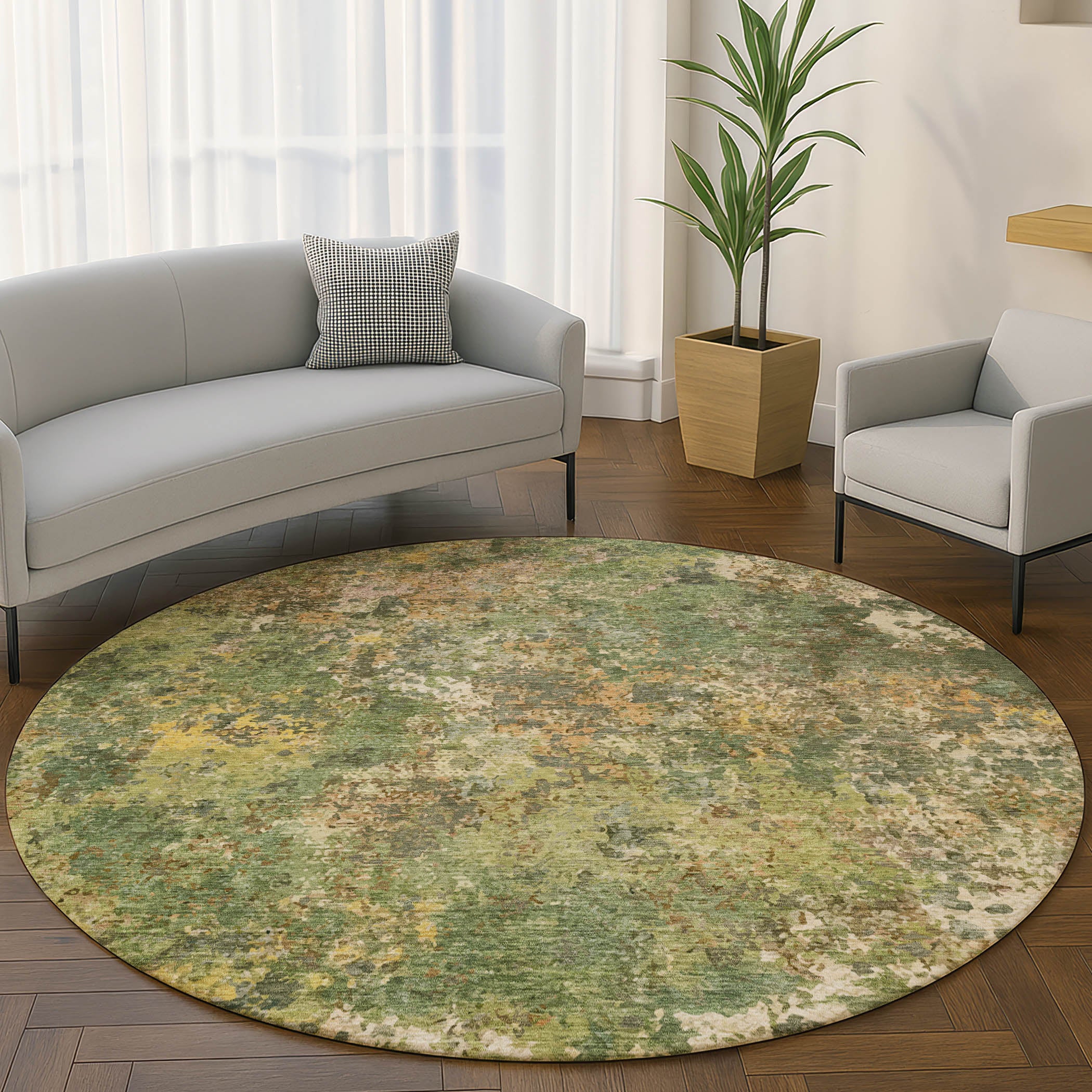 Havana Machine Washable Transitional Aloe Green Rug 8' x 8' #shape_Round