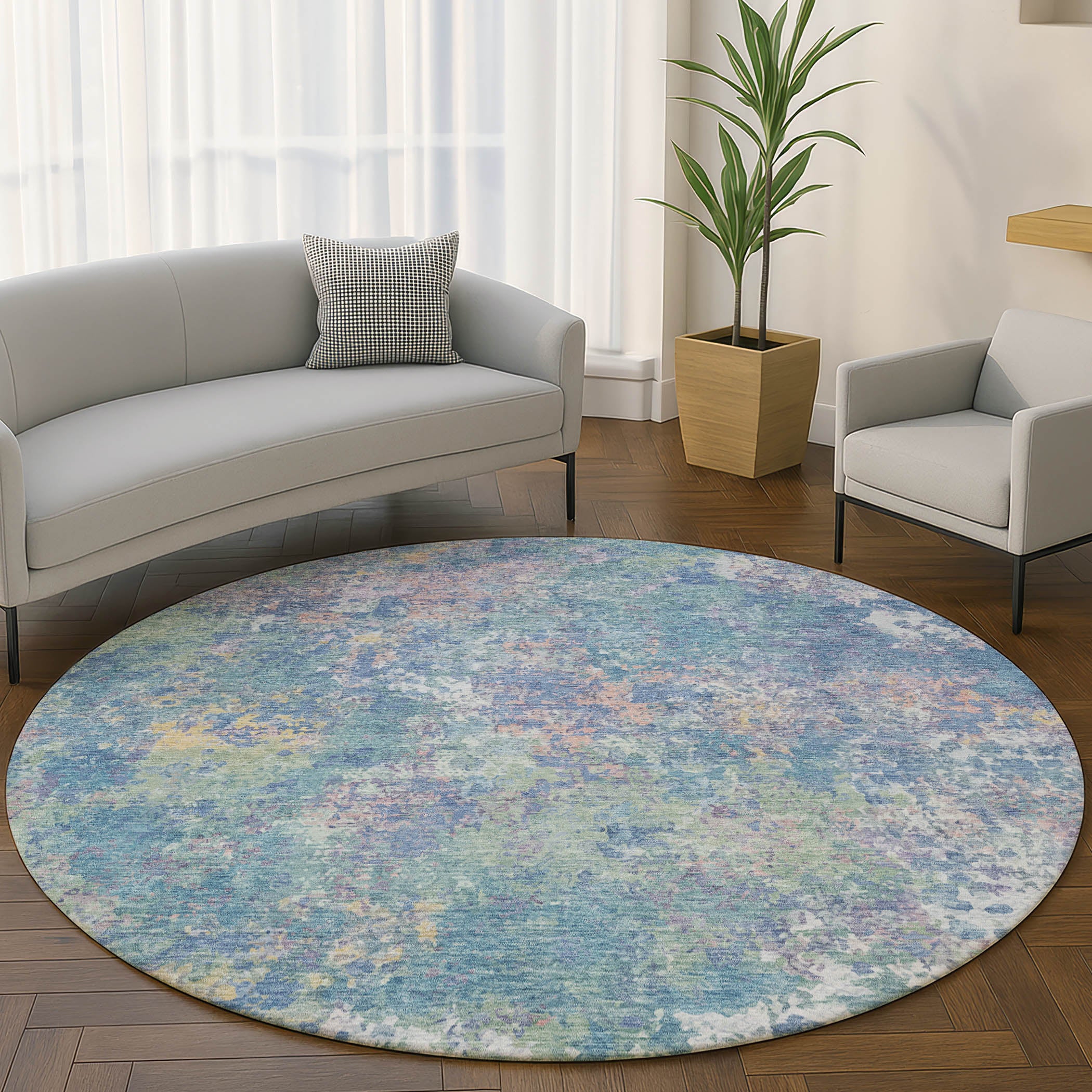Havana Machine Washable Transitional Aqua Teal Rug 8' x 8' #shape_Round