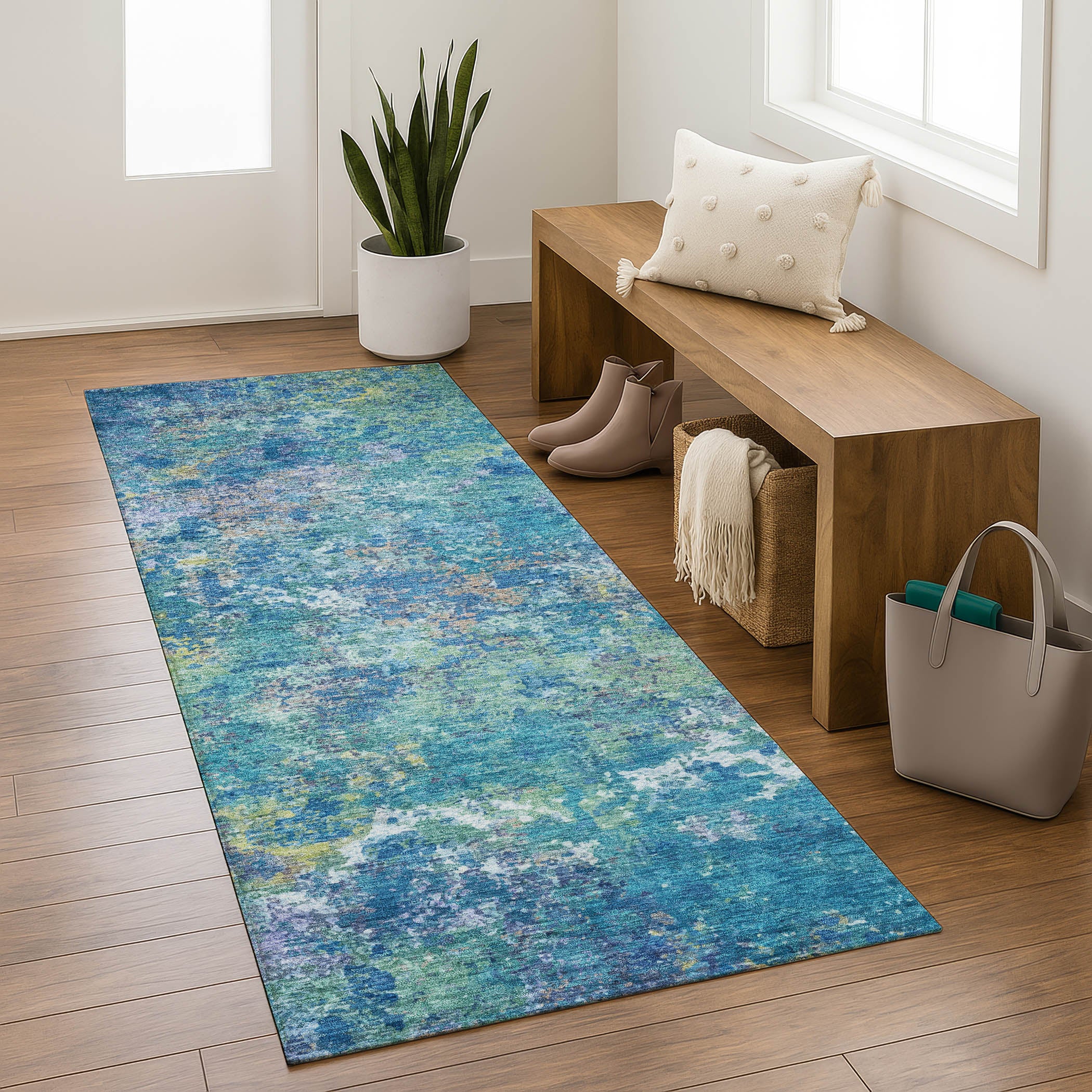 Havana Machine Washable Transitional Blue Rug 2'3" x 7'6" #shape_Runner