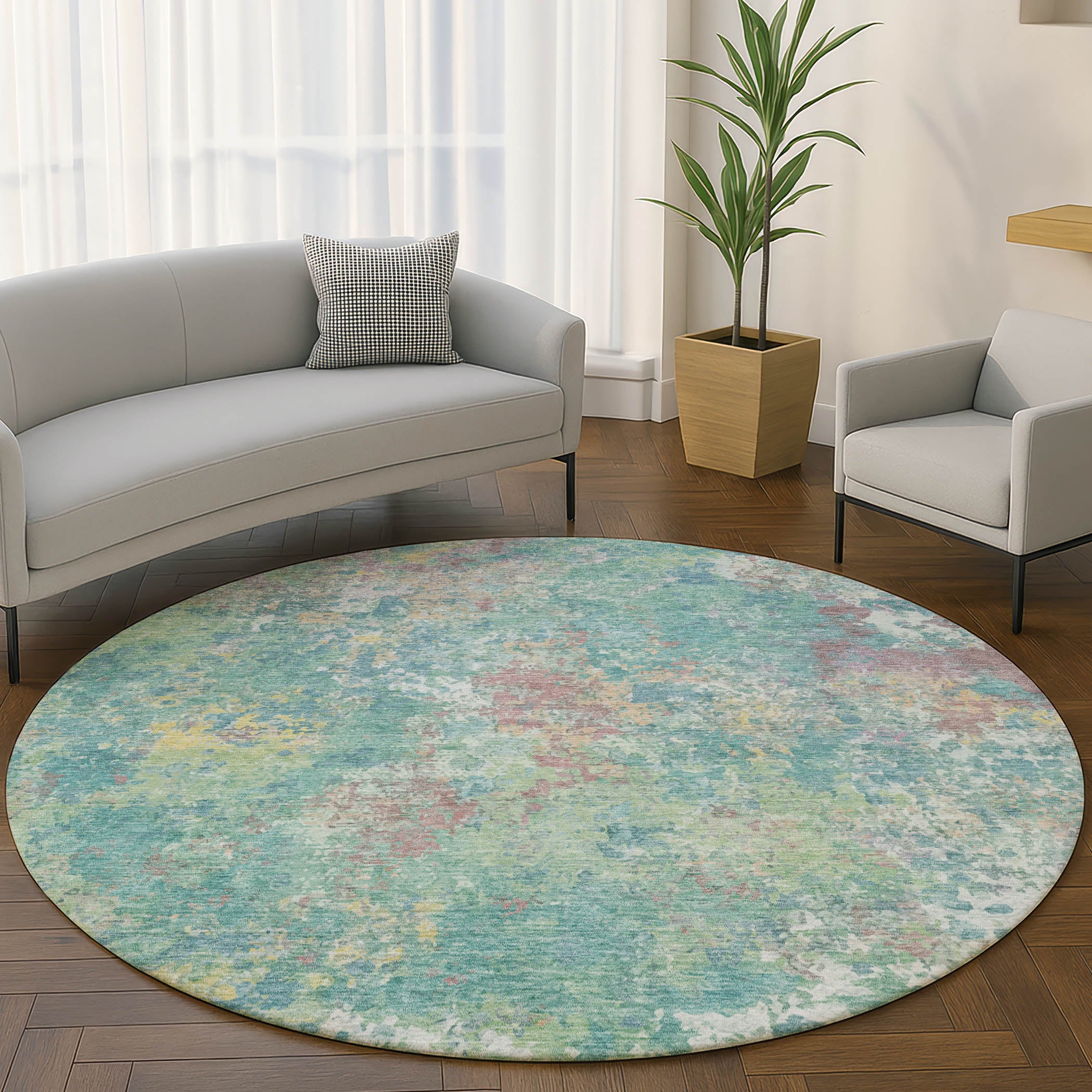 Havana Machine Washable Transitional Teal Rug 8' x 8' #shape_Round