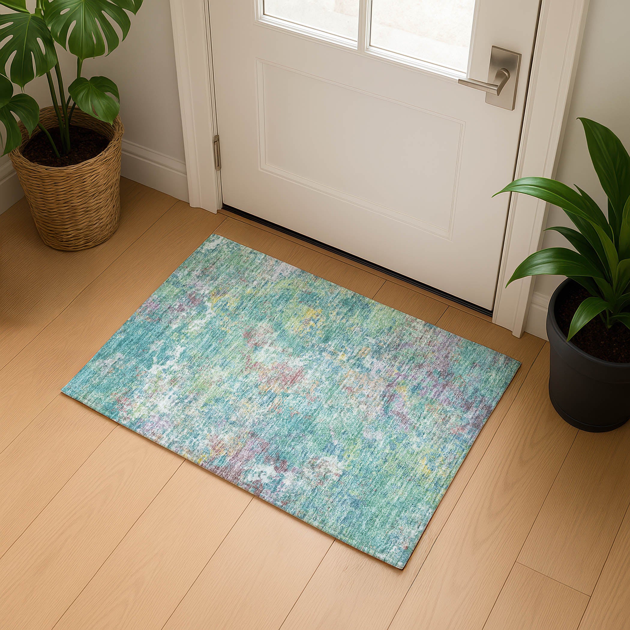 Havana Machine Washable Transitional Teal Rug 1'8" x 2'6" #shape_Rectangle