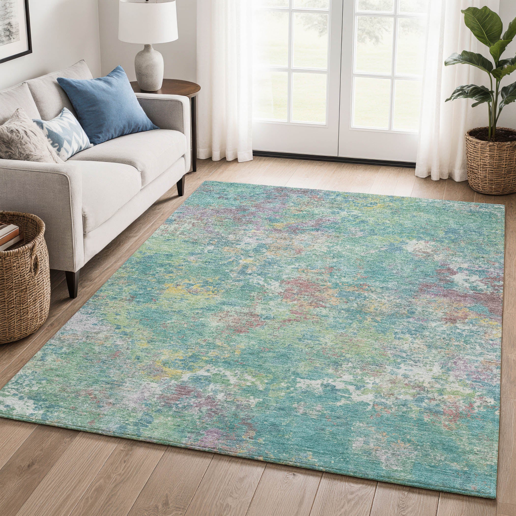 Havana Machine Washable Transitional Teal Rug 2'6" x 3'10" #shape_Rectangle