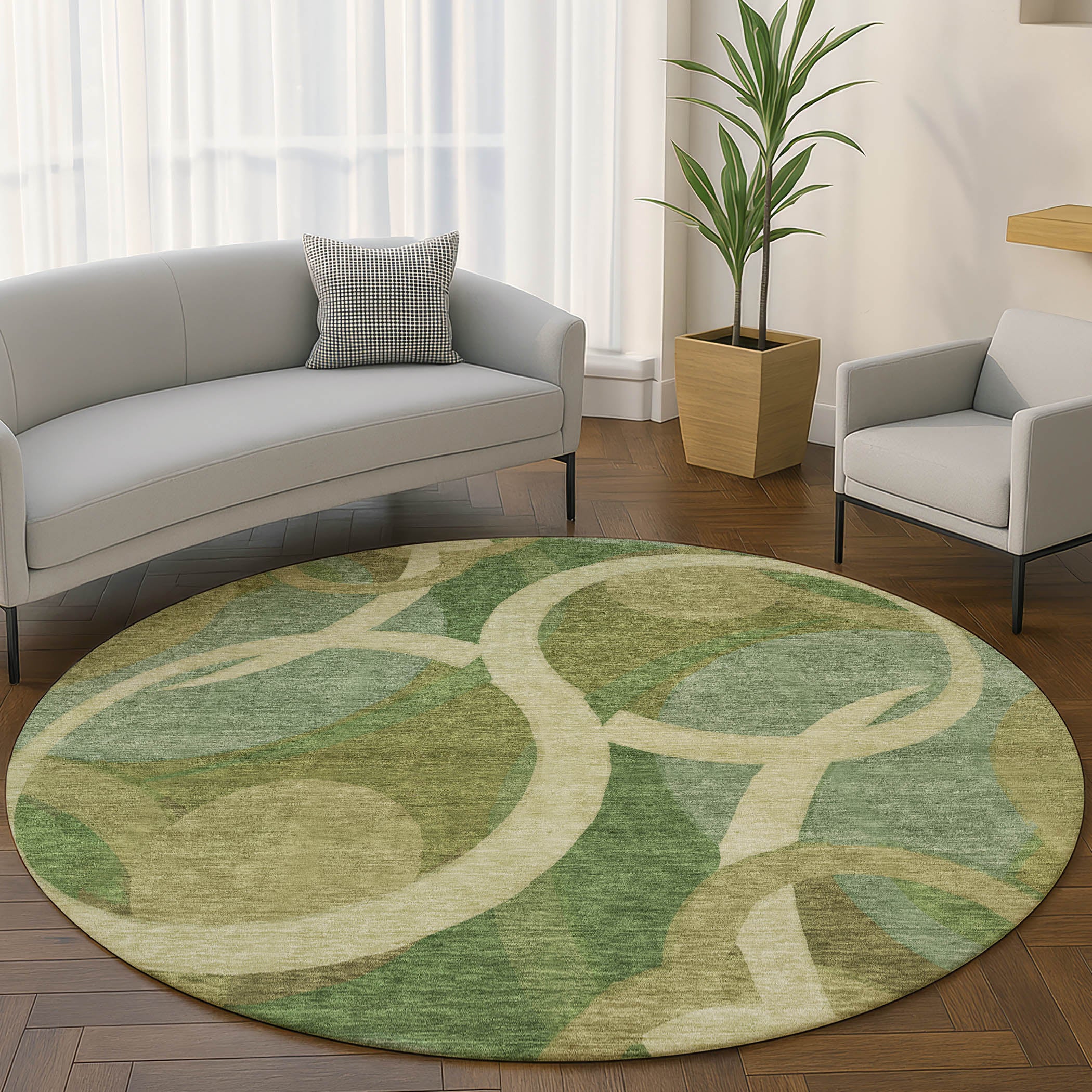 Sintra Machine Washable Transitional Green Rug 8' x 8' #shape_Round