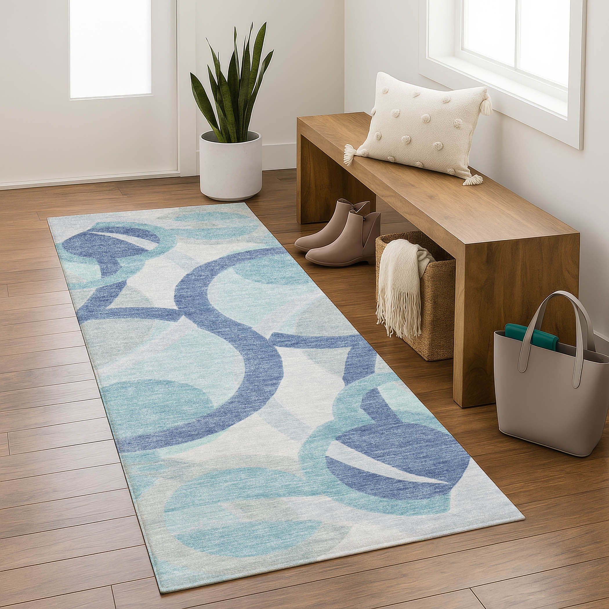 Chiang Mai Machine Washable Transitional Blue Rug 2'3" x 7'6" #shape_Runner