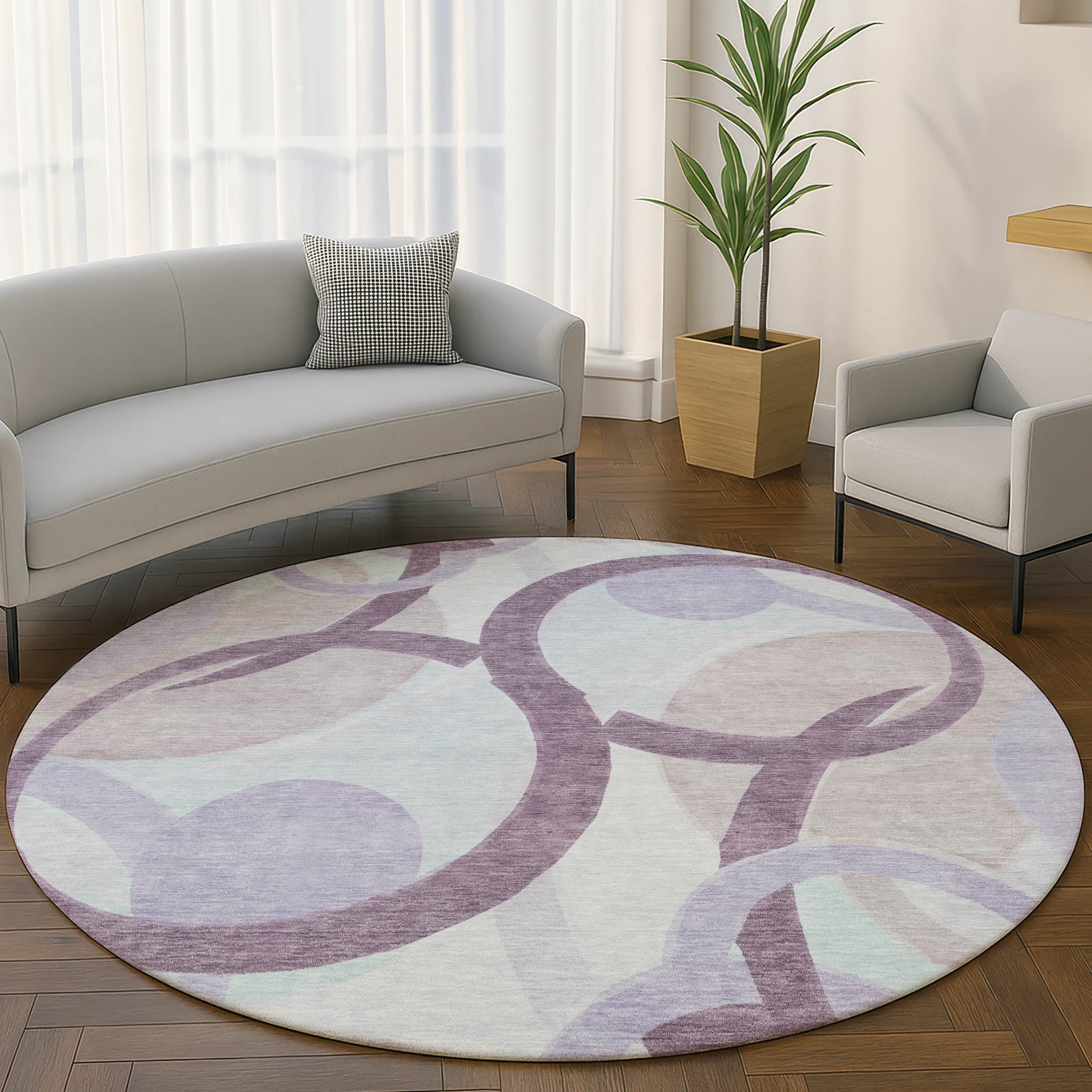 Chiang Mai Machine Washable Transitional Plum Purple Rug 8' x 8' #shape_Round